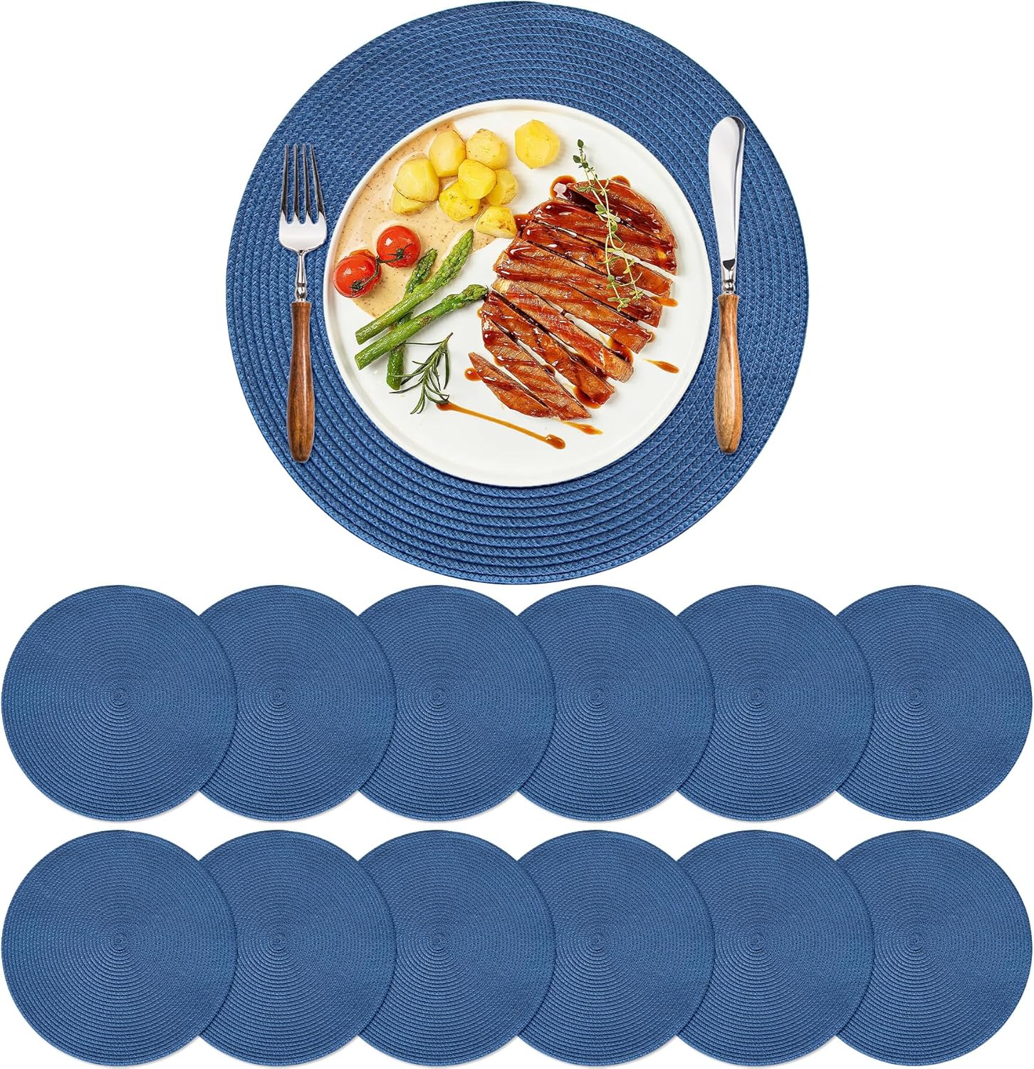 Round Woven Placemats Set of 12, 15 Inch Blue Placemats