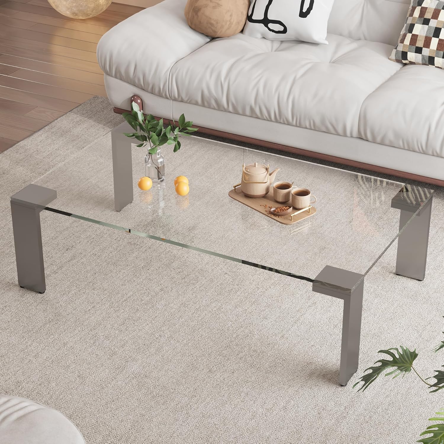 47.2" Modern Clear Glass Coffee Table, Transparent Tempered Glass Center Table with Metal Legs, Sleek Minimalist Design for Living Room, Apartment or Office