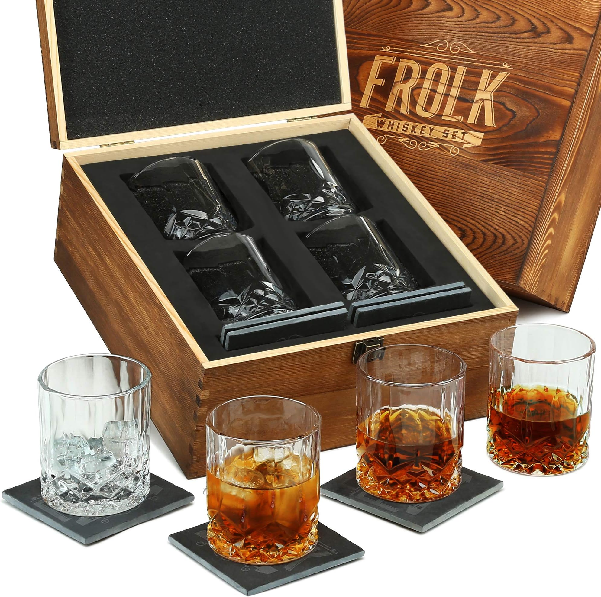 Whiskey Glasses Set of 4 - Gift for Men - Extra Large Old Fashioned Glass Set with 4 Slate Coasters in Premium Wooden Box - Classic Whiskey Glasses for Whisky, Bourbon, Scotch - Drink Bar Glassware