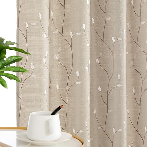 Topick Cortinas semitransparentes grises y blancas con ramas de árbol para sala de estar, cortinas de ventana con estampado floral, cortinas