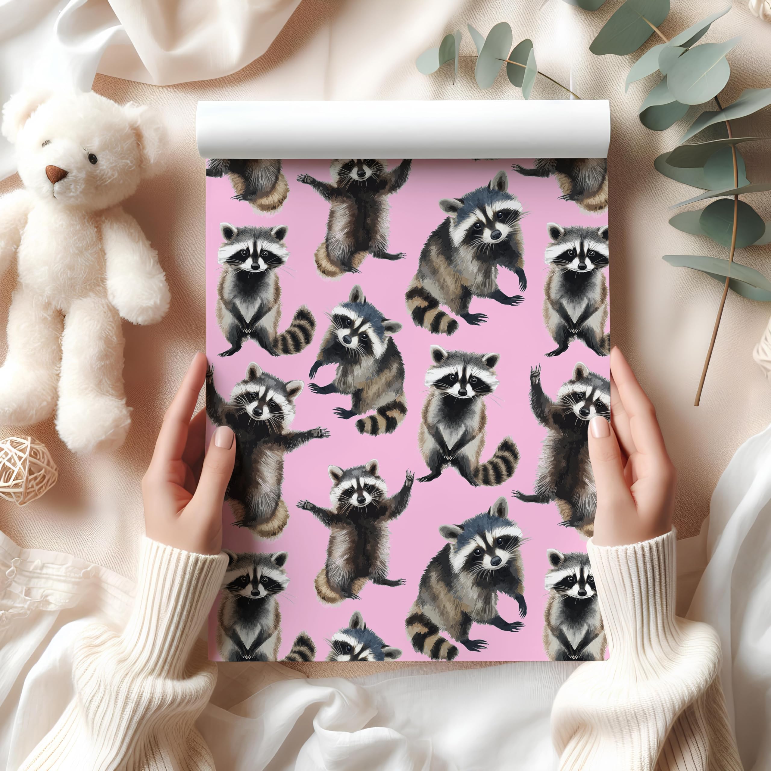 Cute Raccoon Wrapping Paper – Playful Woodland Animal Gift Wrap Sheet with Watercolour Style Raccoons – Birthday or Kids Gift Wrap – W68 (Light Pink, Large - 58 x 85cm / 22.8" x 33.4" inches)