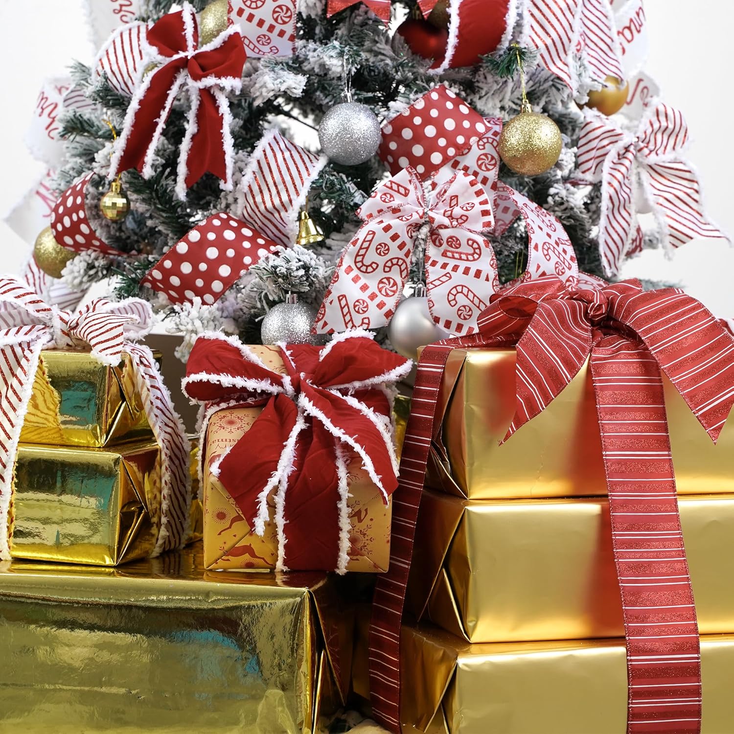 HUIHUANG Christmas Ribbon Wired Red and White Candy Cane Ribbon Red Tree Ribbons for Christmas Tree, Gift Wrapping, Wreaths, Garlands, Home Decor (2.5" Width, 36 Yards Total)