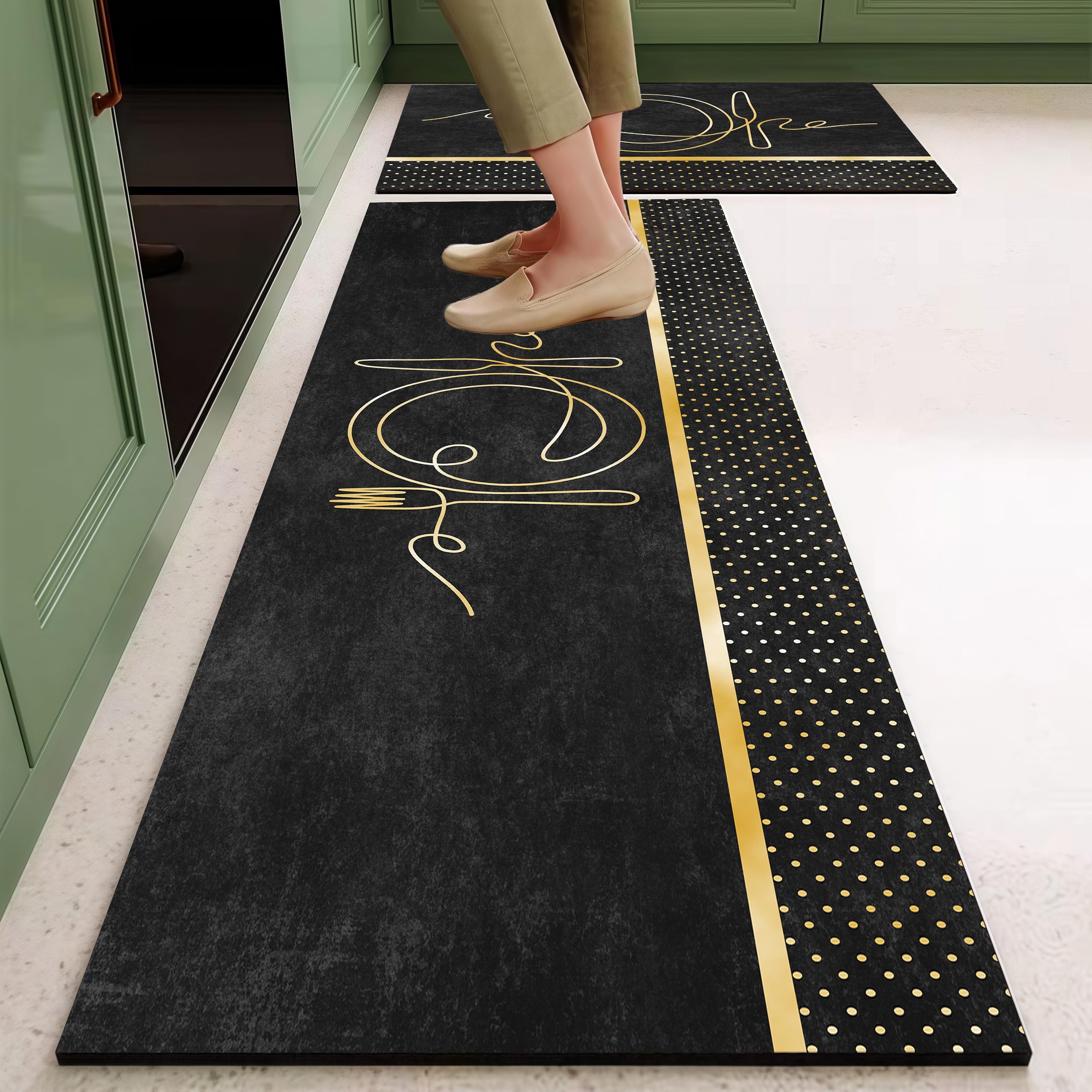 Art Themed Kitchen Mats and Rug Set Kitchen Floor Mat Anti Skid Washable Micro Polyester Luxury Kitchen Floor Door Mat Runner, Combo Set of 2 Pcs (Leaf MAT) — Amazon image 3