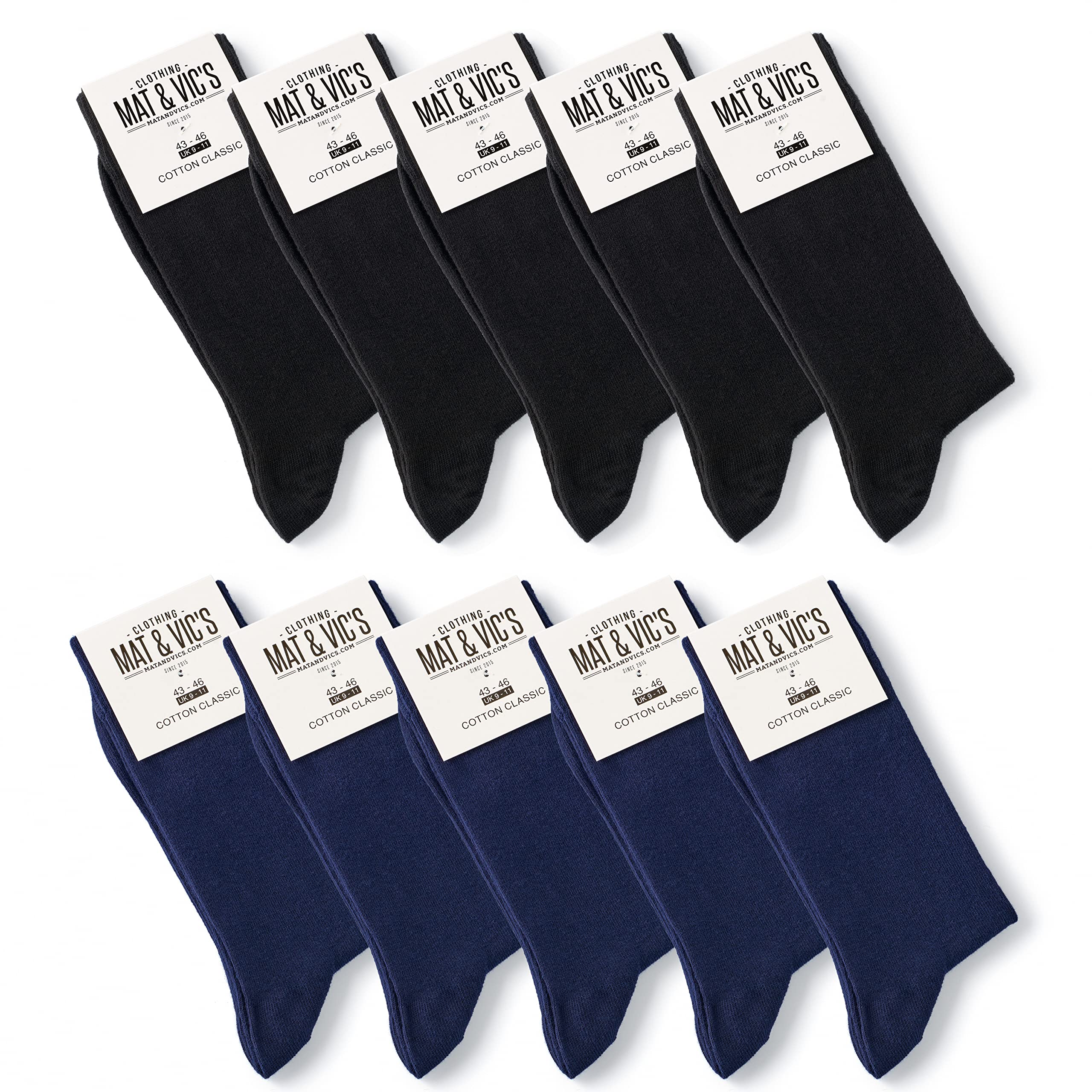 Mat & Vic's Socken Herren 47-50, feine Strümpfe aus Cotton Baumwolle gekämmt, Herrensocken für Freizeit, für Business Männer Damen, schwarz dunkelblau navy blau, 10 Paar
