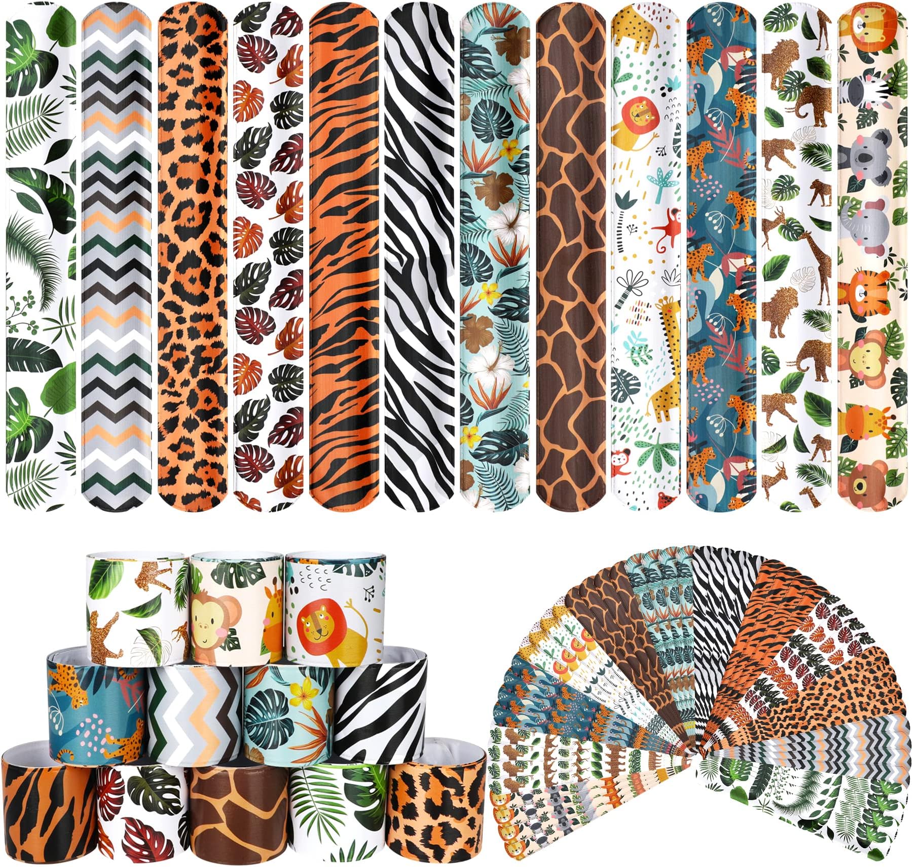 Jungle Safari Party Favors 48 PCS Wide Animal Print Slap Bracelets Wristbands for Kids Boys Girls Jungle Forest Theme Birthday Party Baby Shower Exchanging Gifts School Classroom Rewards