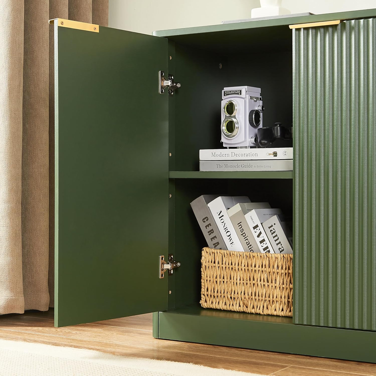 59" Buffet Sideboard Cabinet with Storage, Modern Fluted Accent Credenza with Shelves, Wood TV Console Stand 4 Doors, Sideboards for Office Living Room Hallway Kitchen, Green