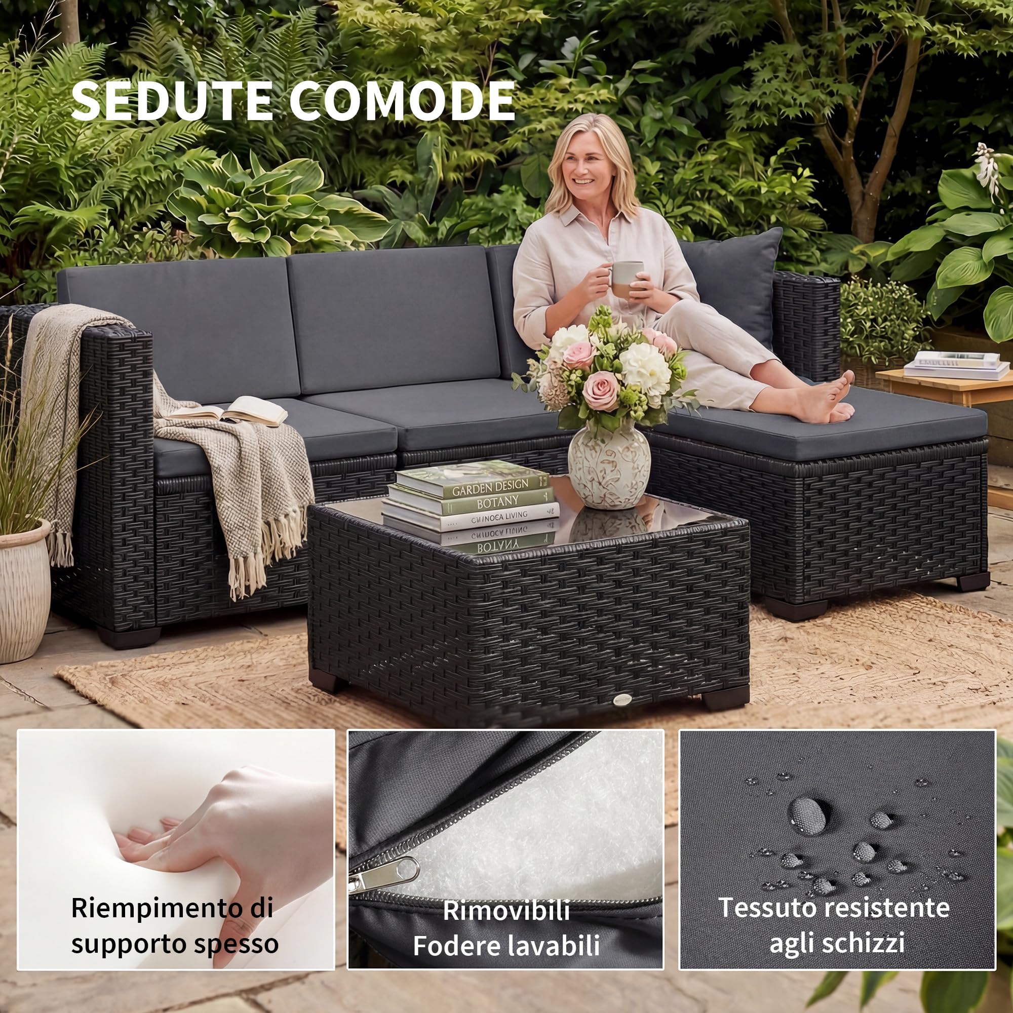Outsunny Set Salotto da Giardino in Rattan 5 Pezzi, Set di Mobili da Giardino ad L con 3 Sedie Singole, Poggiapiedi, Tavolino in Vetro Temperato, Cuscini, Salottino da Esterno Patio, Grigio/Nero