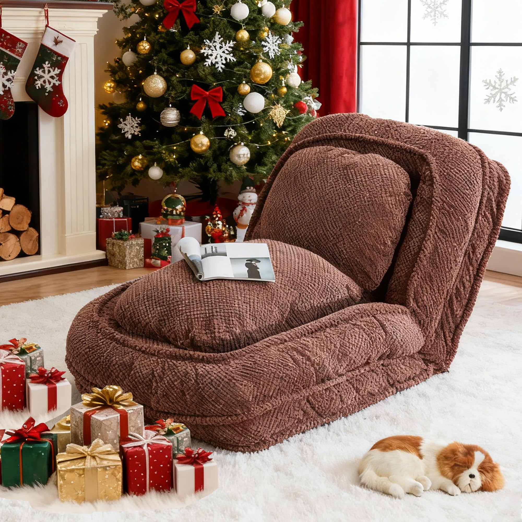 Floor Chair with Back Support, Folding Sofa Chair with 5 Adjustable Position, Plush Floor Gaming Chair, Meditation Chair for Lazy Boys, Human Dog Bed for Living Room, Bedroom, Lounge, Brown