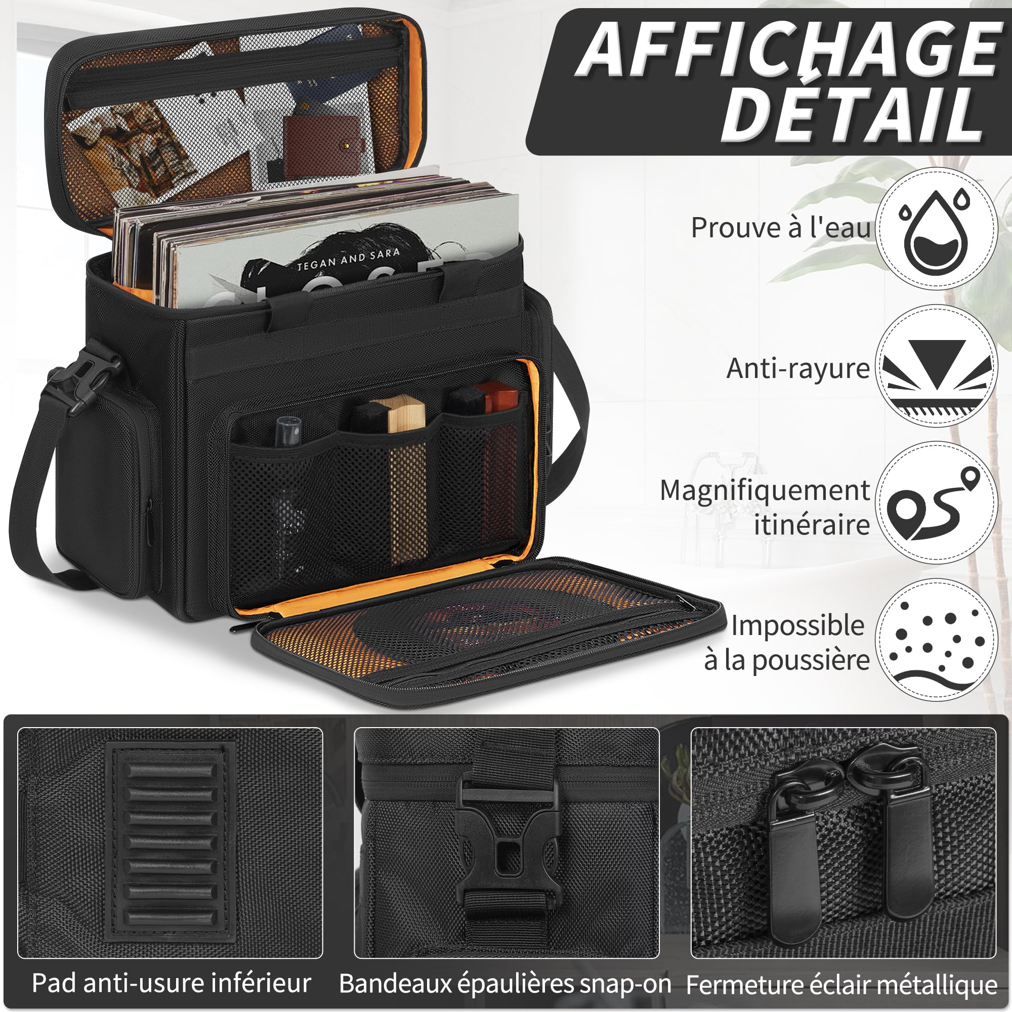 OUUTMEE Sac de Transport pour Disques Vinyles avec 1 Séparateur Amovibles, Sac pour Disques Vinyles Imperméable de 7/10/12 Pouces Pouvant Compatible avec 30 LP pour Voyage et Collection (Petit)