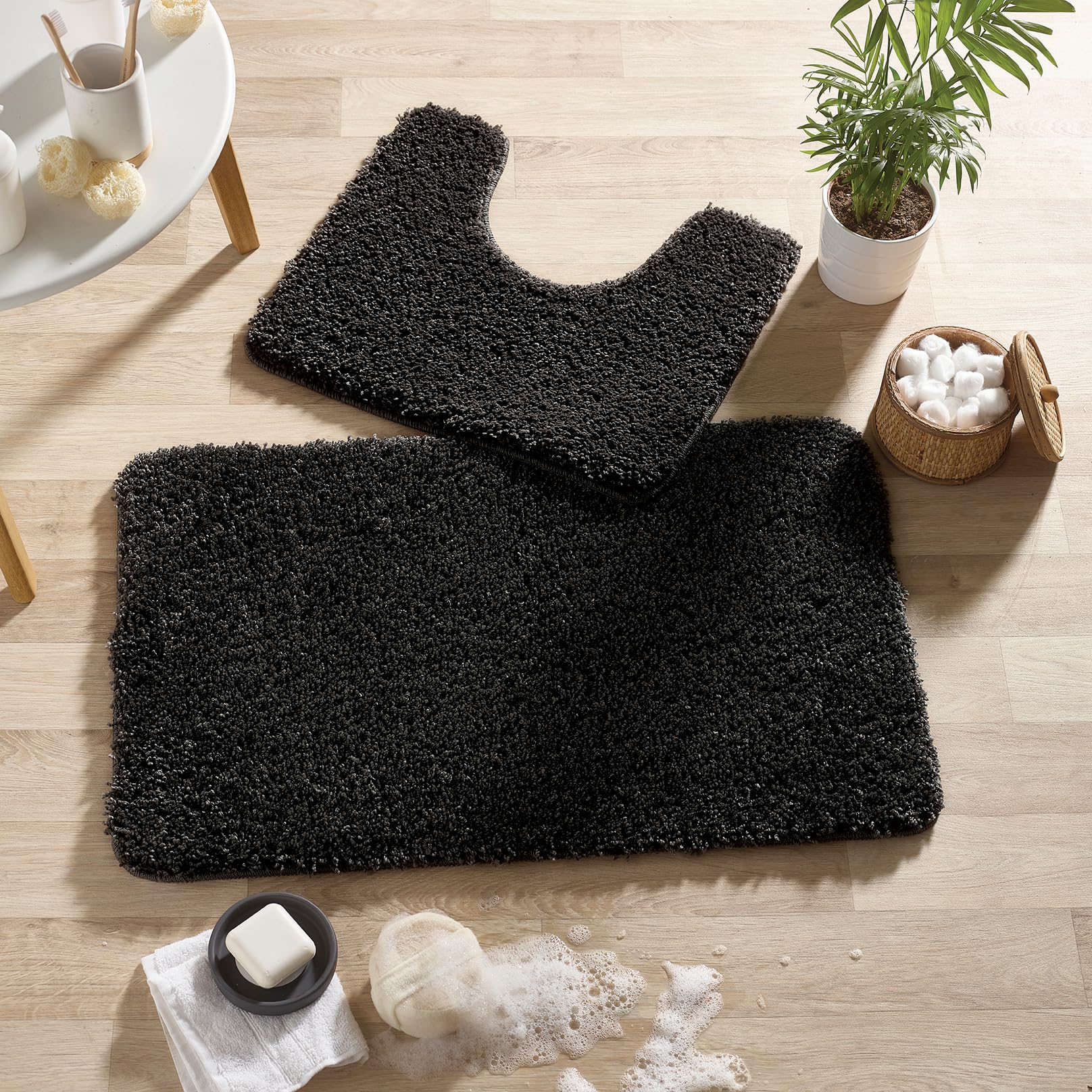 Lord of Rugs Bath Mat 2 Piece Toilet Washable Set Non-Slip Pedestal Mat for Bathroom Shower Mat Soft Fluffy Thick Shaggy Water Absorbent Rug (Black)