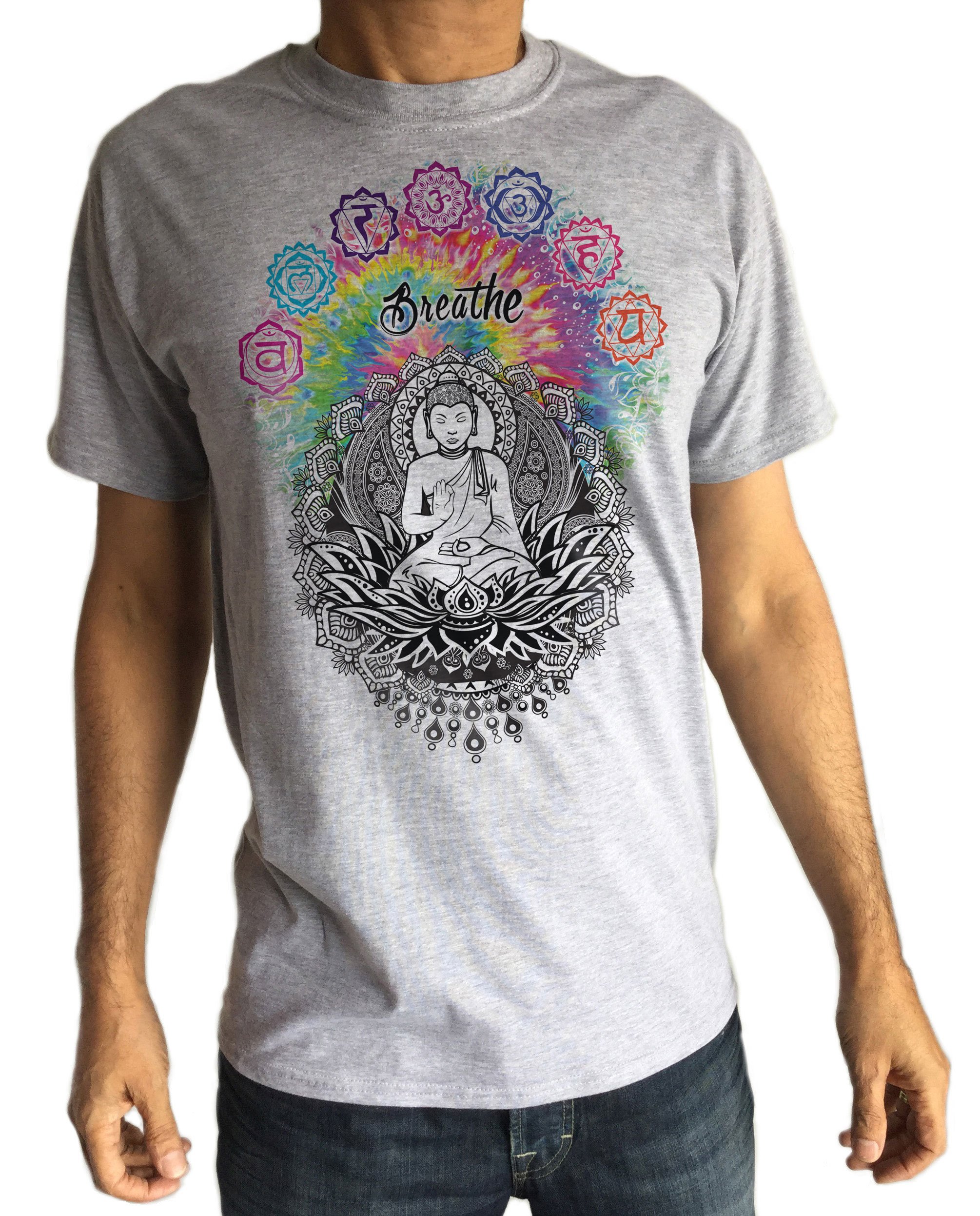 Mens Grey T-Shirt Breathe Buddha Chakra Symbols Colourful Design TS294