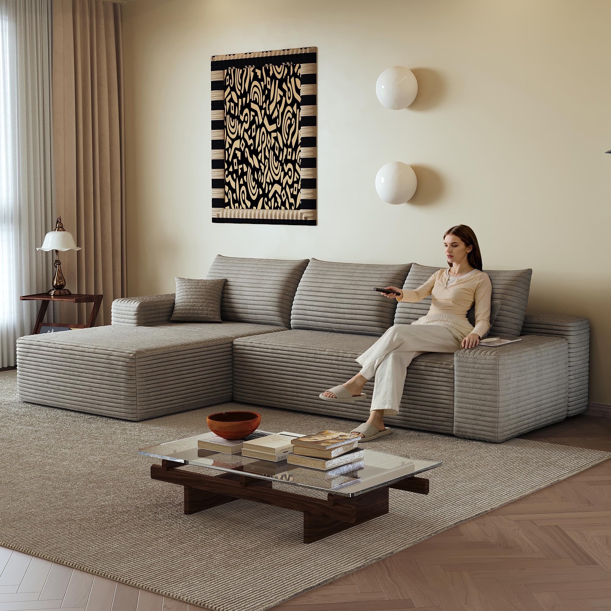 270 cm Sofás esquineros, sofá modular en L con merida, asiento profundo, sofá de 3 plazas para salón, sofá compresa, sofá convertible sin estructura, camel