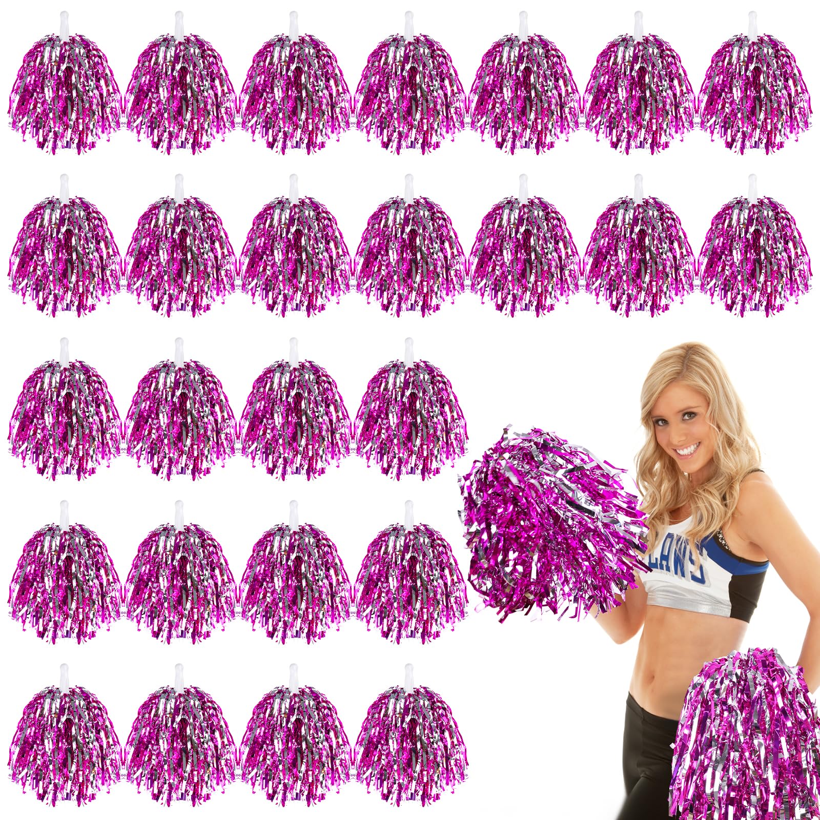 VAIPI 48 Pack Cheerleading Pom Poms Kit with Baton Handle Metallic Foil Squad Team Spirited Fun Cheer Pom Poms Bulk for Kids Adults Cheerleader Gifts Team Spirit Sports Party