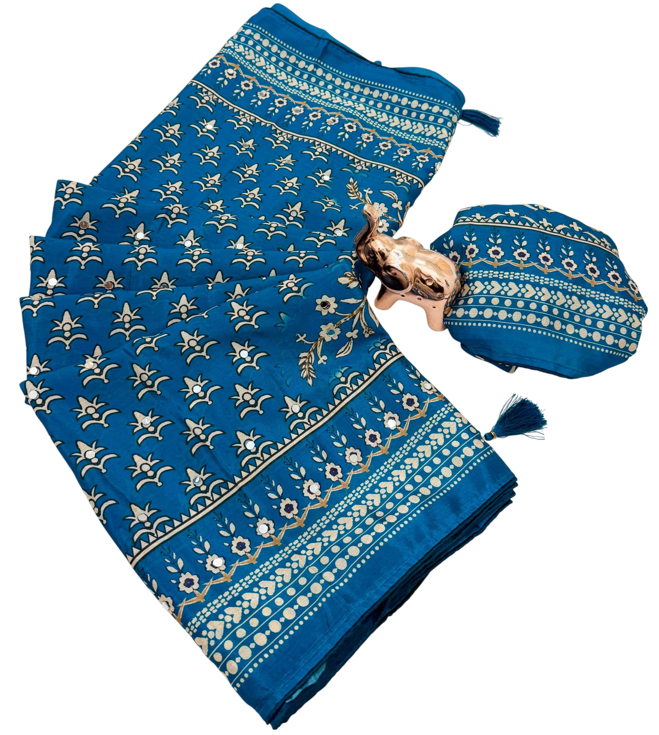 Women's Viscose Chinon Silk Saree All Over Kalamkari Ajrakh Print Mirror Work Piping Border With Blouse Piece-picture-36