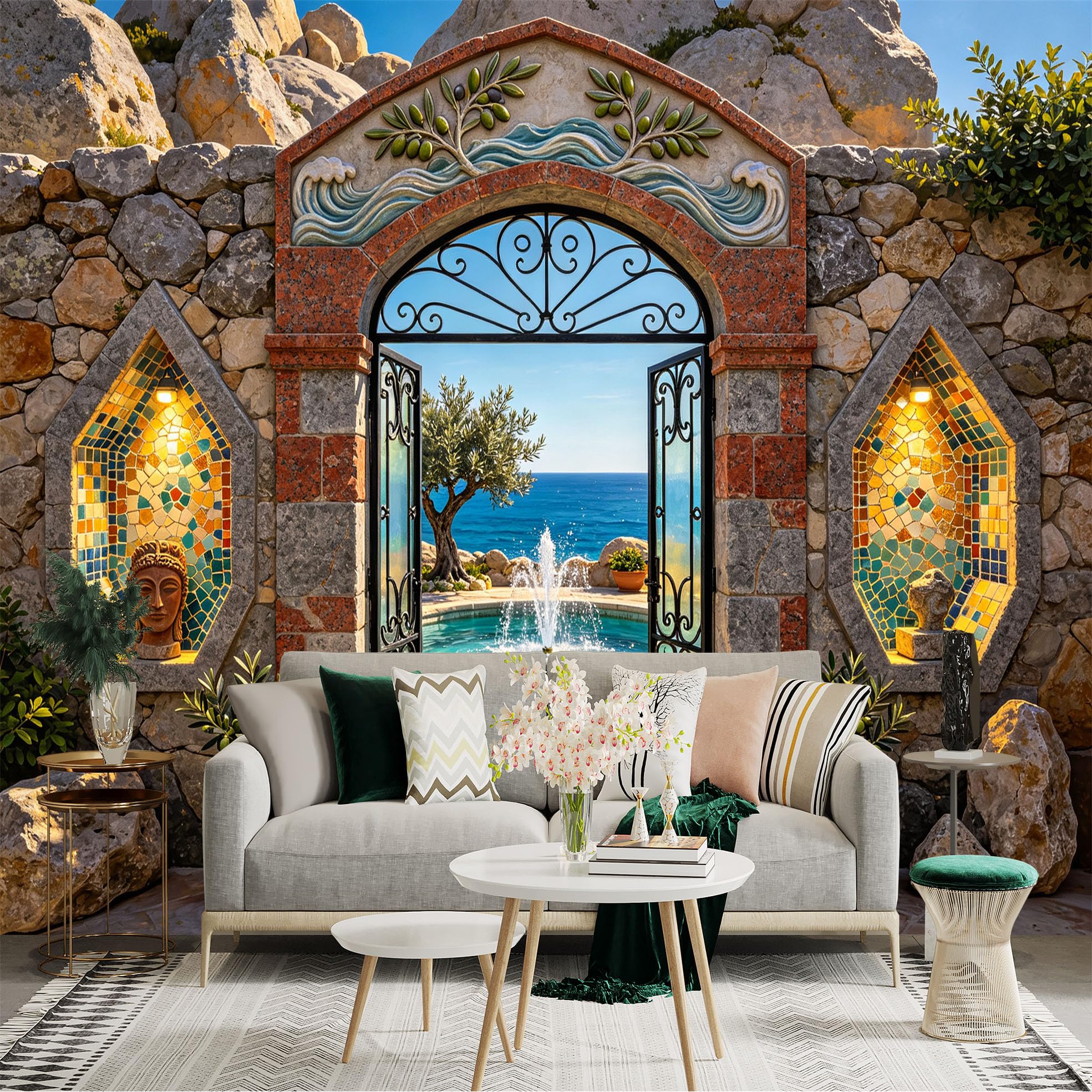 Custom Size Wall Sticker Mural， Mediterranean Stone Archway， Ocean View Pool， Mosaic Wall Art， Coastal Courtyard， for wall Decoration， peelandstick wall Decals.