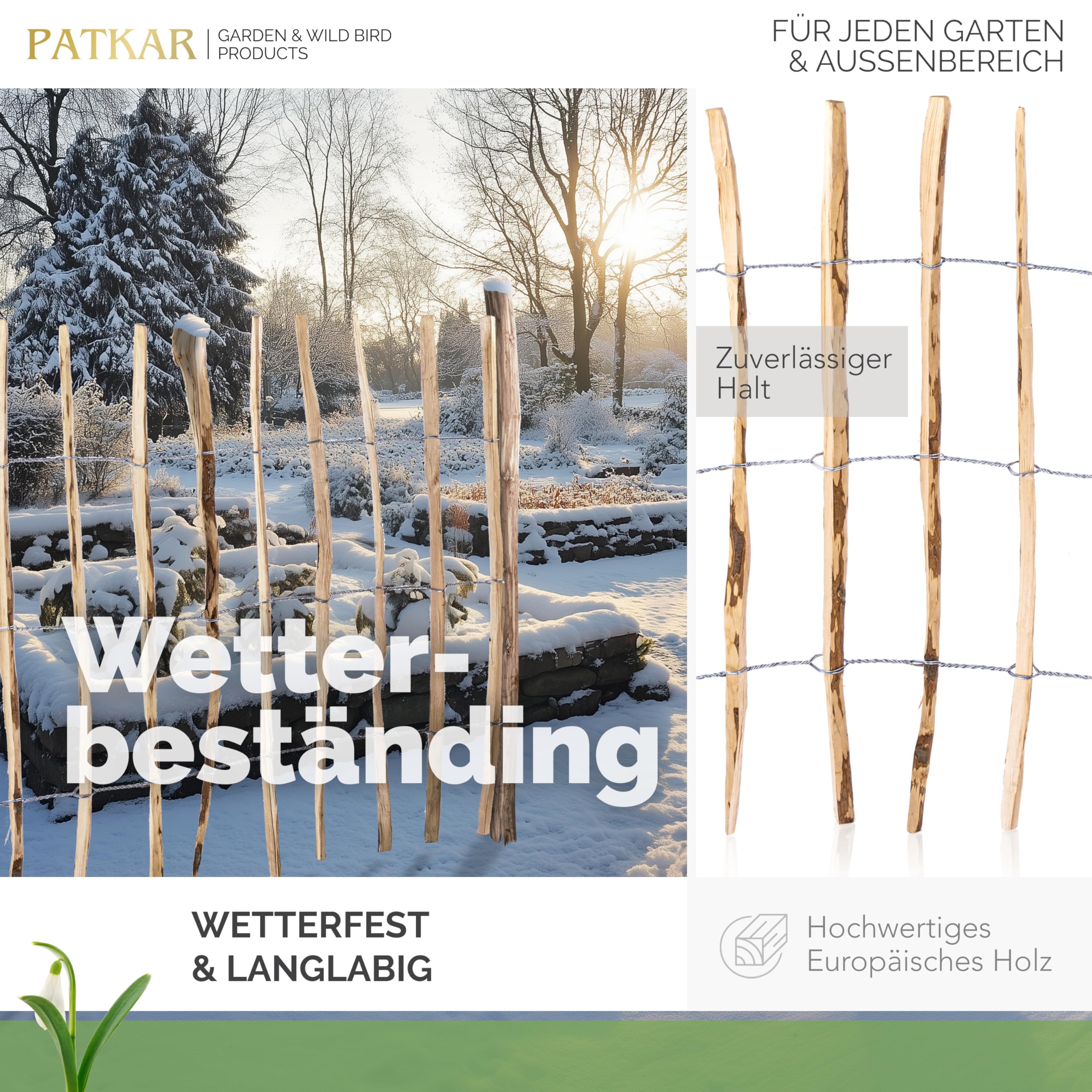 PATKAR® Staketenzaun 10mx90cm [WETTERBESTÄNDIG & STABIL] - Holzzaun Gartenzaun Holz Abgrenzung - Staketenzaun 90 cm hoch (Made in Europe) - Gartenzaun zum Stecken - einfach montierter Zaun Holz