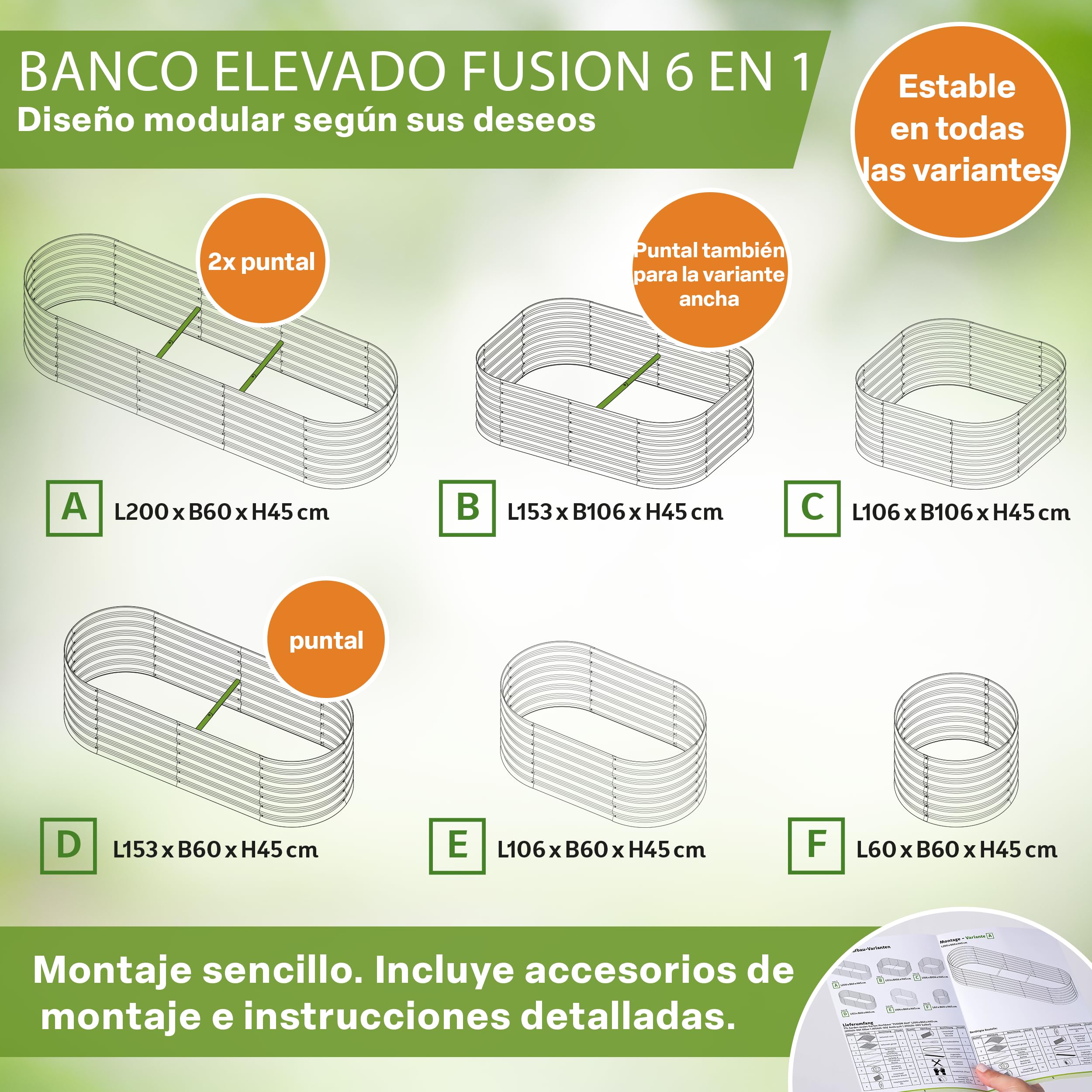 TTL GARDEN 200 x 60 x 45 cm Metal Hochbeet Fusion 6 en 1 Salvia Verde – Acero inoxidable galvanizado y lacado, 45 cm de alto 60 cm de ancho, forma ovalada, estable, jardín, bancal para verduras