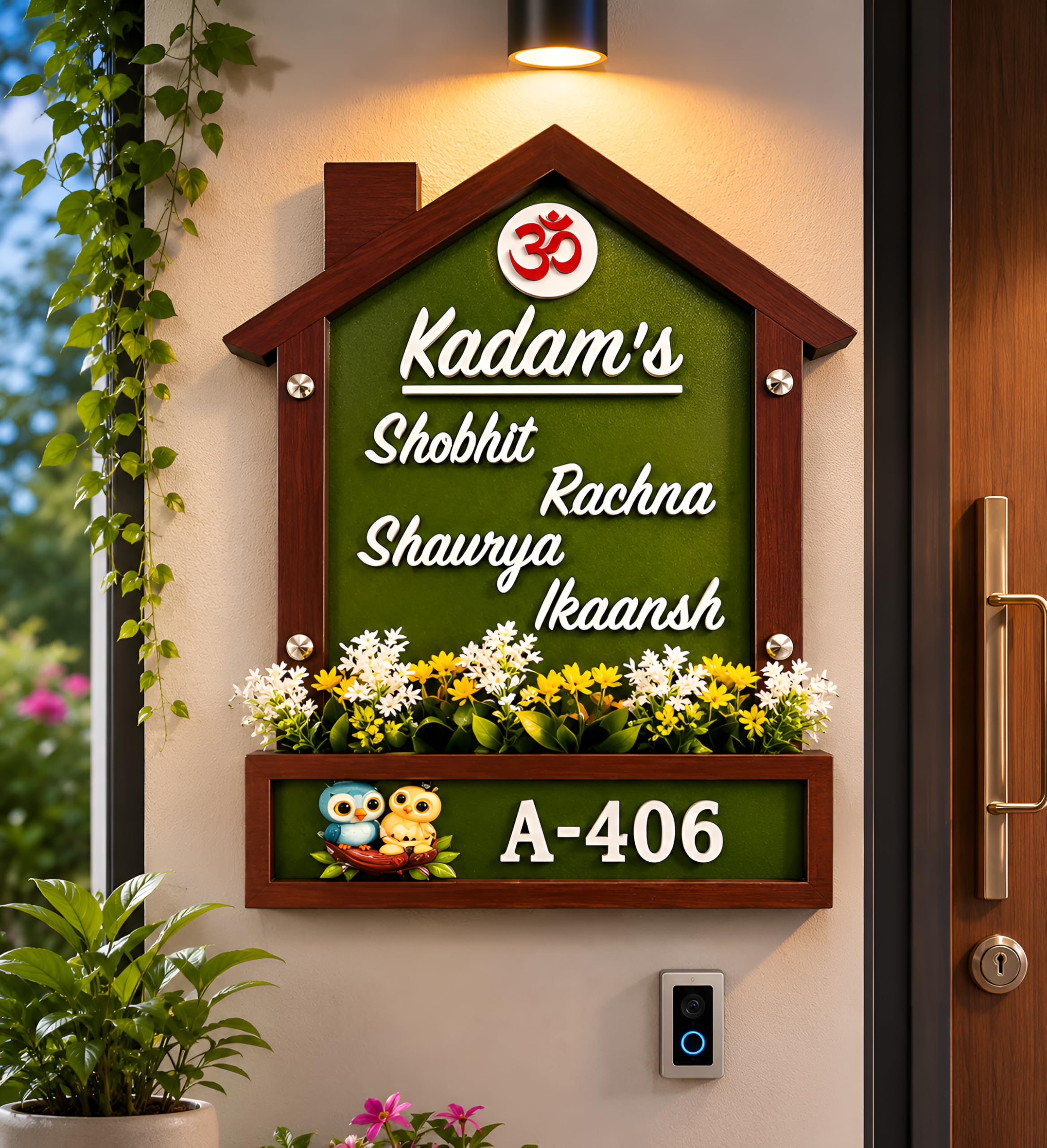 Customizable Wooden House Name Plate with light green Background and Acrylic 3D Letters, Artificial Grass and Flowers, Flat Number Display, Wall Mounted Home Entrance Decor-image-19
