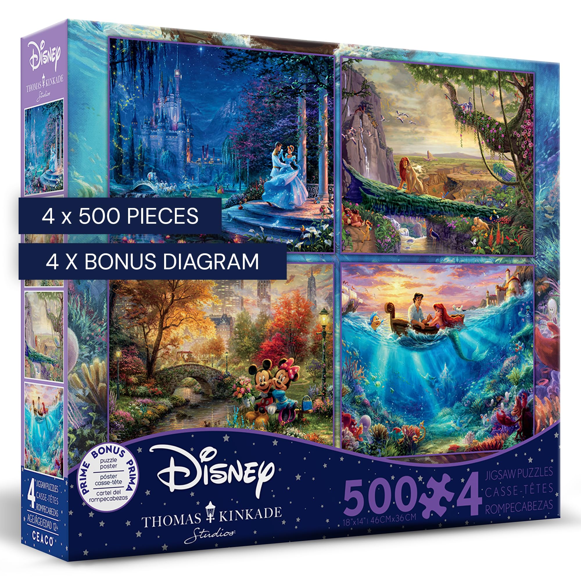 Ceaco - 4 in 1 Multipack - Thomas Kinkade - Disney Dreams Collection - Cinderella, The Lion King, Mickey and Minnie, & The Little Mermaid - (4) 500 Piece Jigsaw Puzzles , Blue
