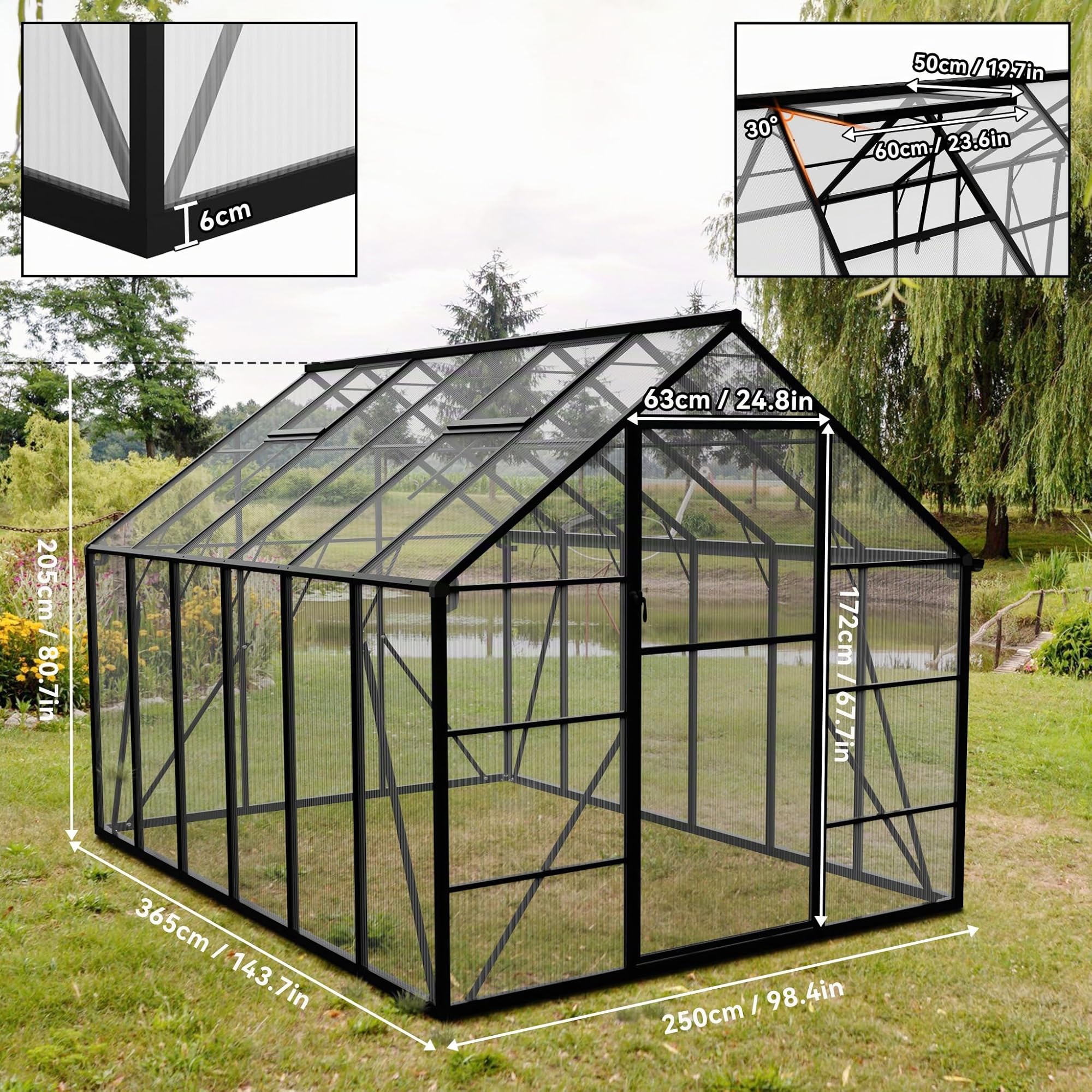LARS360 Serre de jardin en aluminium avec fondation, plaques à double paroi en polycarbonate de 4 mm, pour jardin, serre à tomates avec fenêtre de toit, maison de plantes résistante aux intempéries