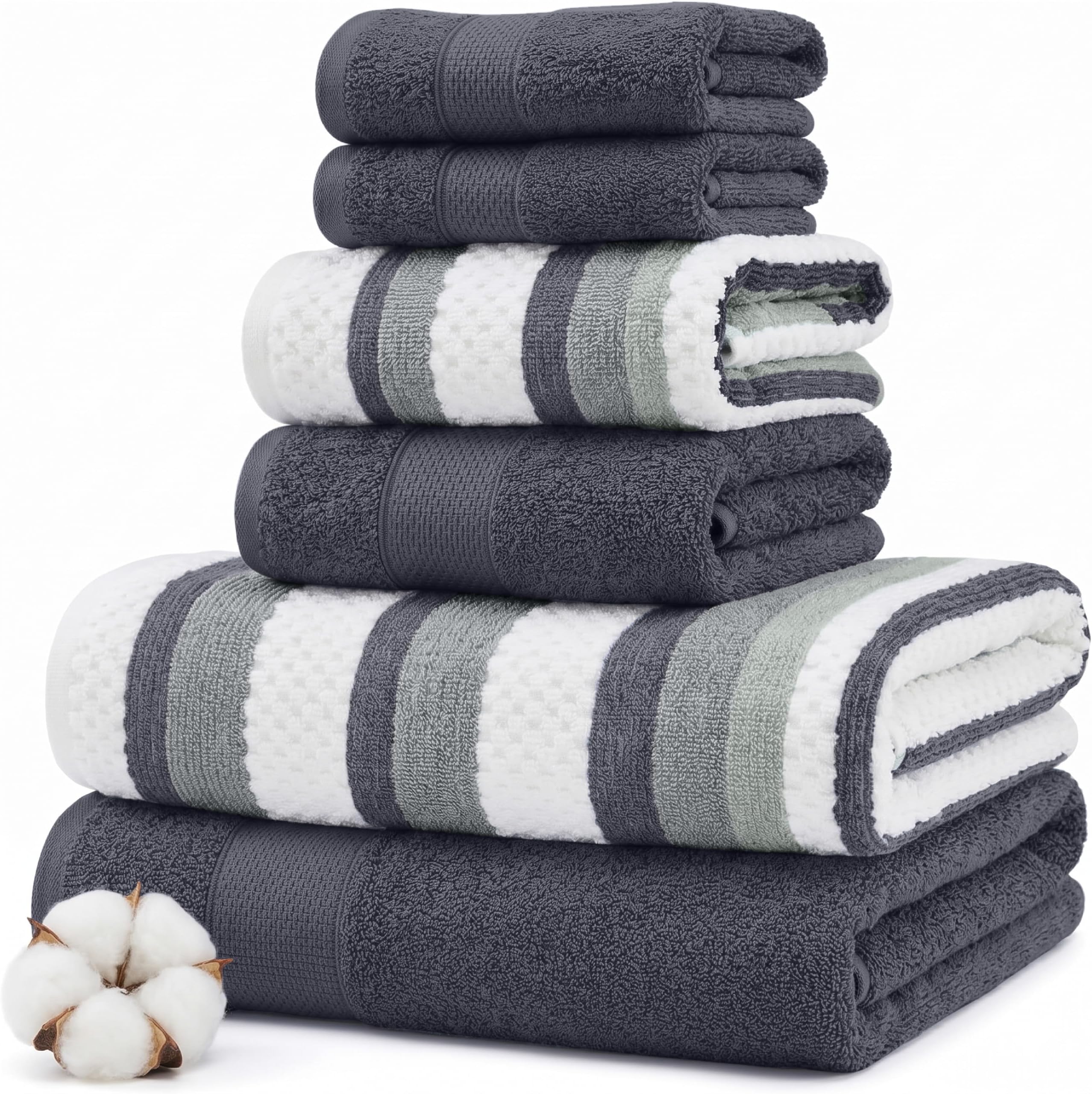 Modern Threads Pax 6-Piece Reversible Yarn Dyed Jacquard Towel Set - Bath Towels, Hand Towels, & Washcloths - Super Absorbent & Quick Dry - 100% Combed Cotton, Denim