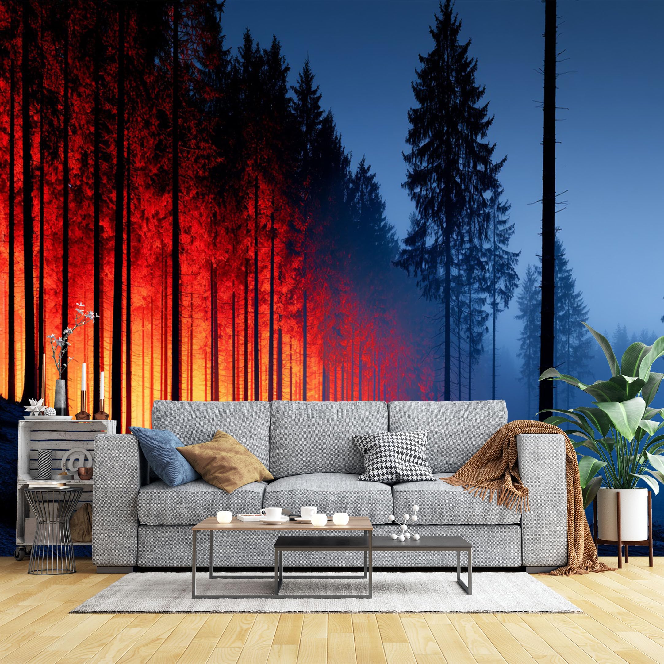 Custom Size Wall Murals Red Glow Forest Wall Murals Moody Landscape Wallpaper, HD Self-Adhesive Removable Wallpaper for Living Room