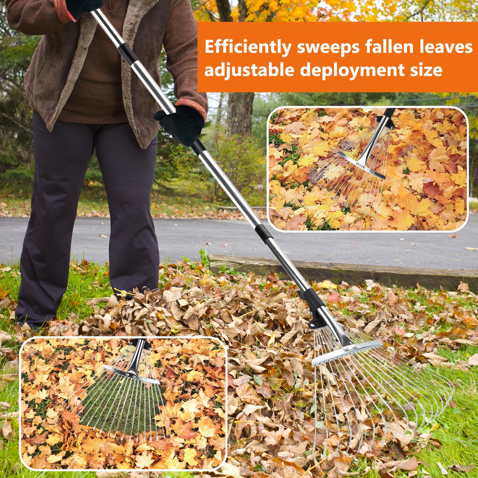 JOYBOY Rastrello da Giardino con 18 Denti in Metallo, Rastrello per Foglie 213cm con Testa Espandibile 20-40cm, Scopa da Giardino per Foglie Rastrello con Manico, per Cortile, Prato, Arbusti e Aiuole