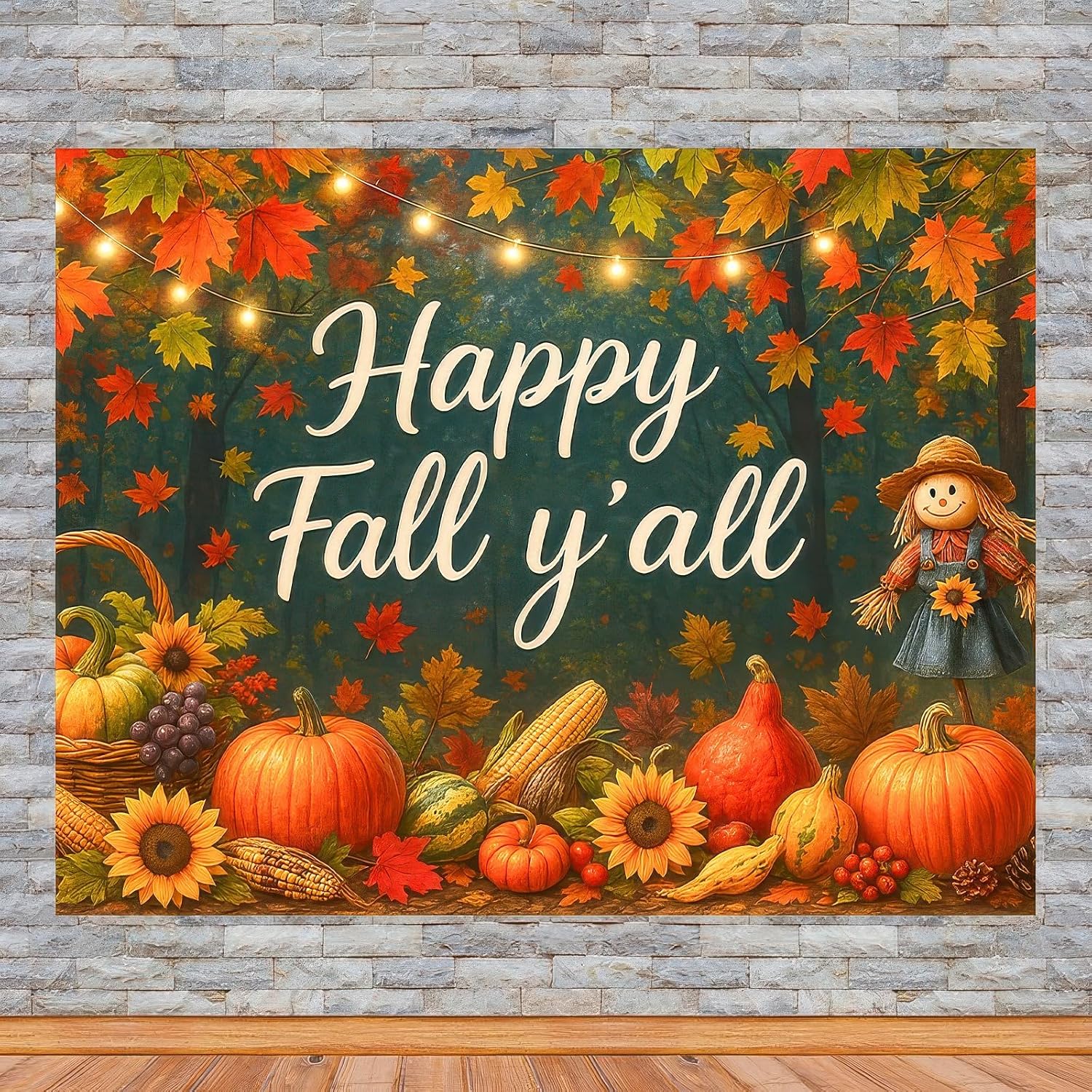 BlissYard Happy Fall Y'all Backdrop Autumn Scarecrow Sunflower Photography Backgroup Banner 8x6ft Autumn Thanksgiving Party Decorations Happy Fall Maple Leaves Pumpkins Decorations