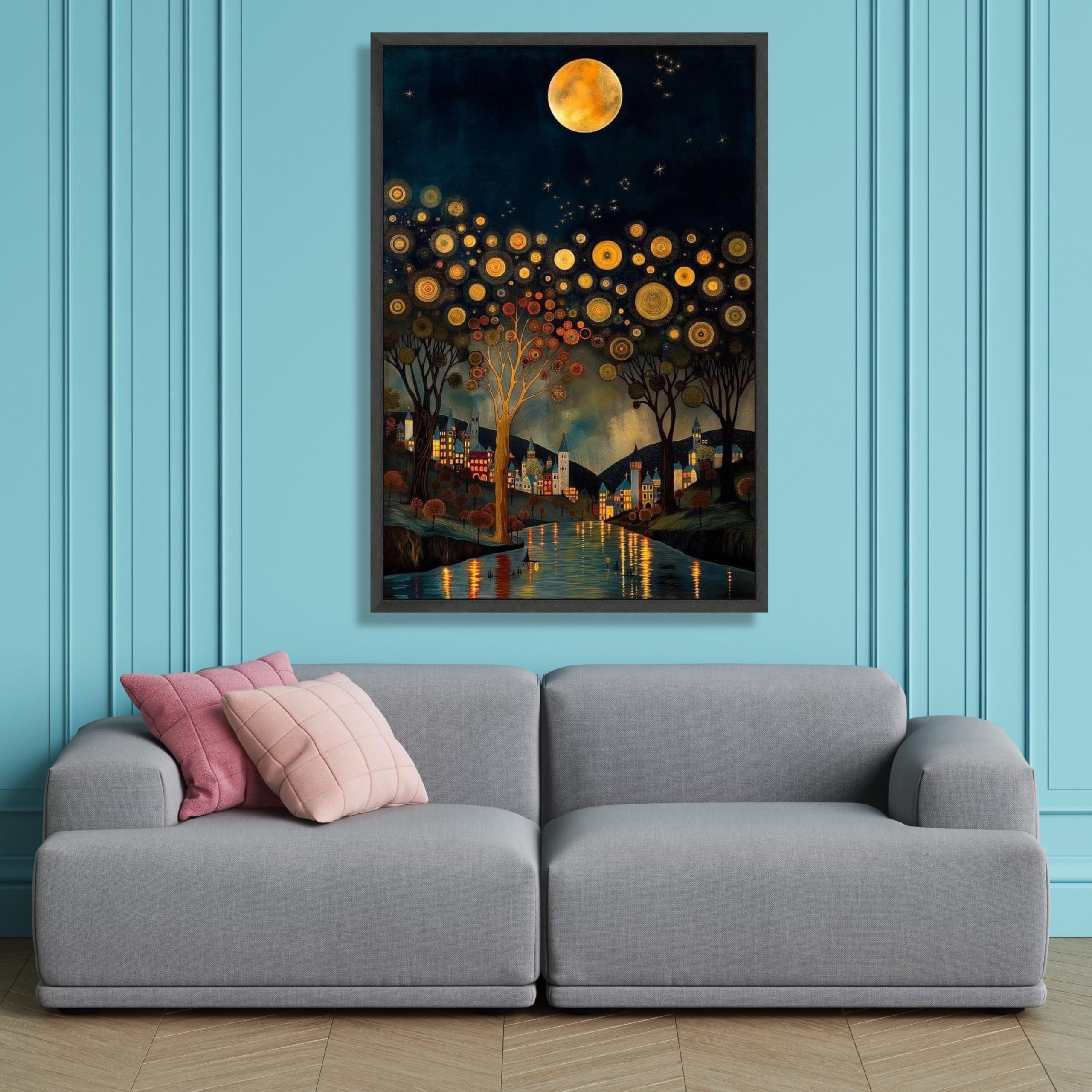 XINBAO Nocne niebo w stylu vintage, oświecony księżyc scena wioska artystyczna sylwetka drzewa odbicie rzeki obrazy dekoracyjne na ścianę (80 x 110 cm / wewnętrzna rama)