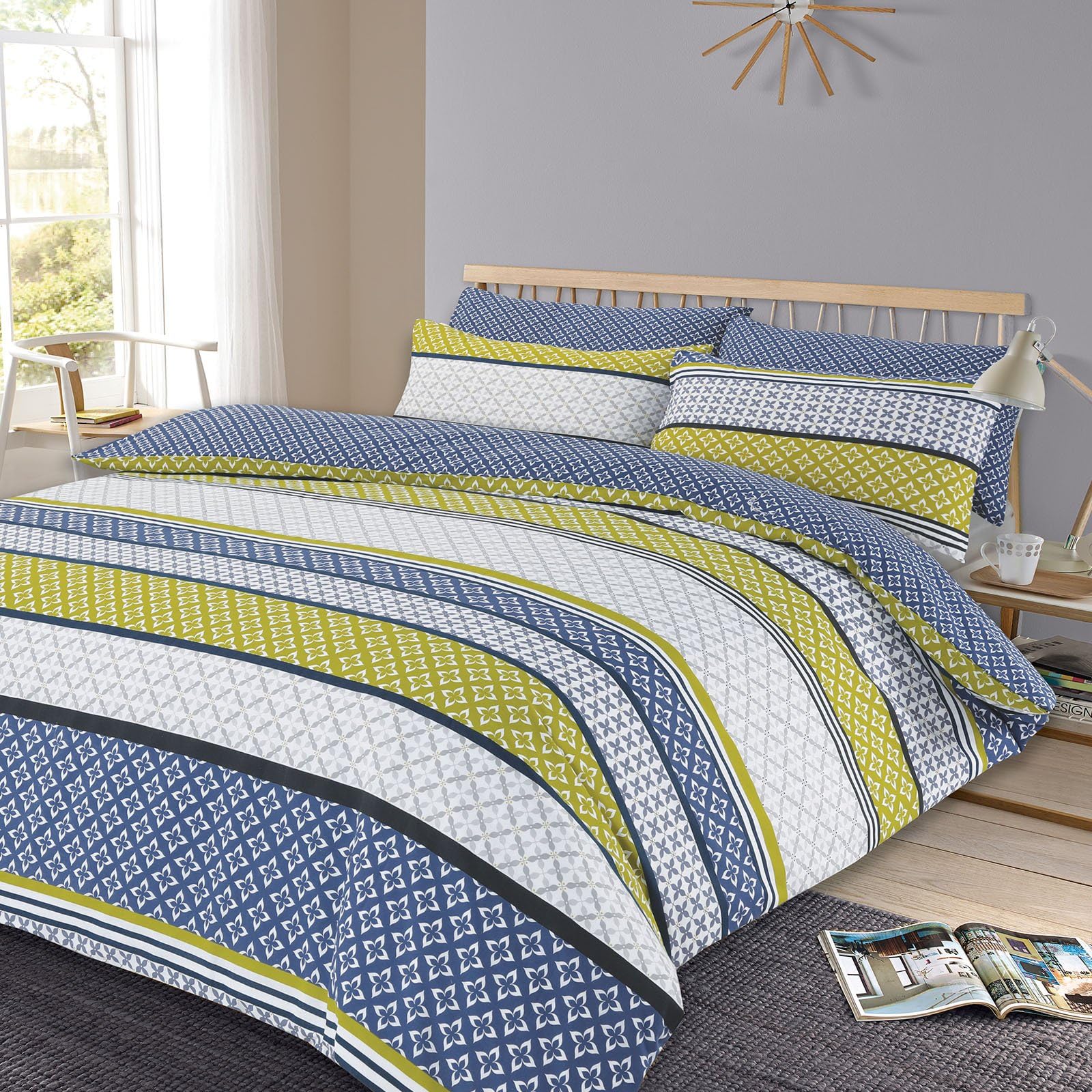 Dreamscene Duvet Cover with Pillowcase Reversible Geometric Bedding Set Lola Blue Lime - Double