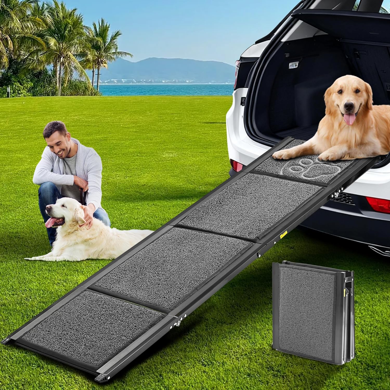 Dog Ramp for Car 71" Extra Long & 17.3" Wide Folding Dog Ramps for Large Dogs with Non-Slip Rug Surface, Portable Dog Car Ramp Pet Ramp for SUV Car & Truck, Outdoor Dog Ramp Up to 250 LBS Upgraded 71" L x 17.3" W