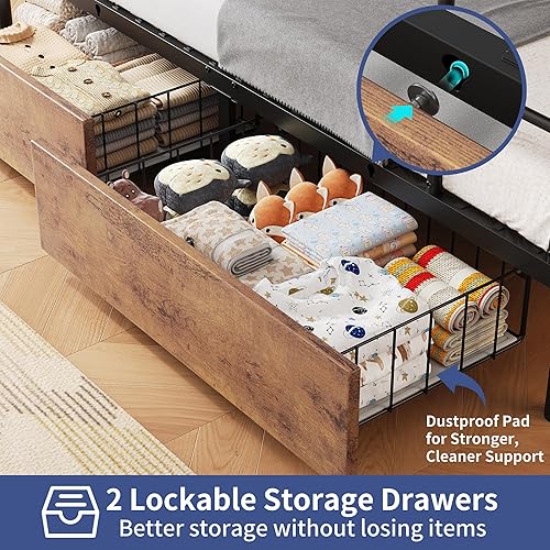 Miniatura 7 de Litera de metal LED individual sobre individual con 2 cajones de almacenamiento, estación de carga USB, literas industriales resistentes con