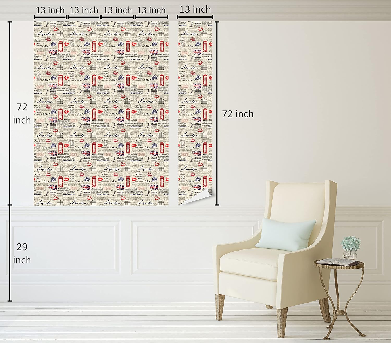 Ambesonne Tea Party Peel & Stick Wallpaper for Home, London Newspaper Inspired Background with Grunge Elements Kiss Marks, Self-Adhesive Living Room Kitchen Accent, 13" x 72", Beige Navy Blue Red
