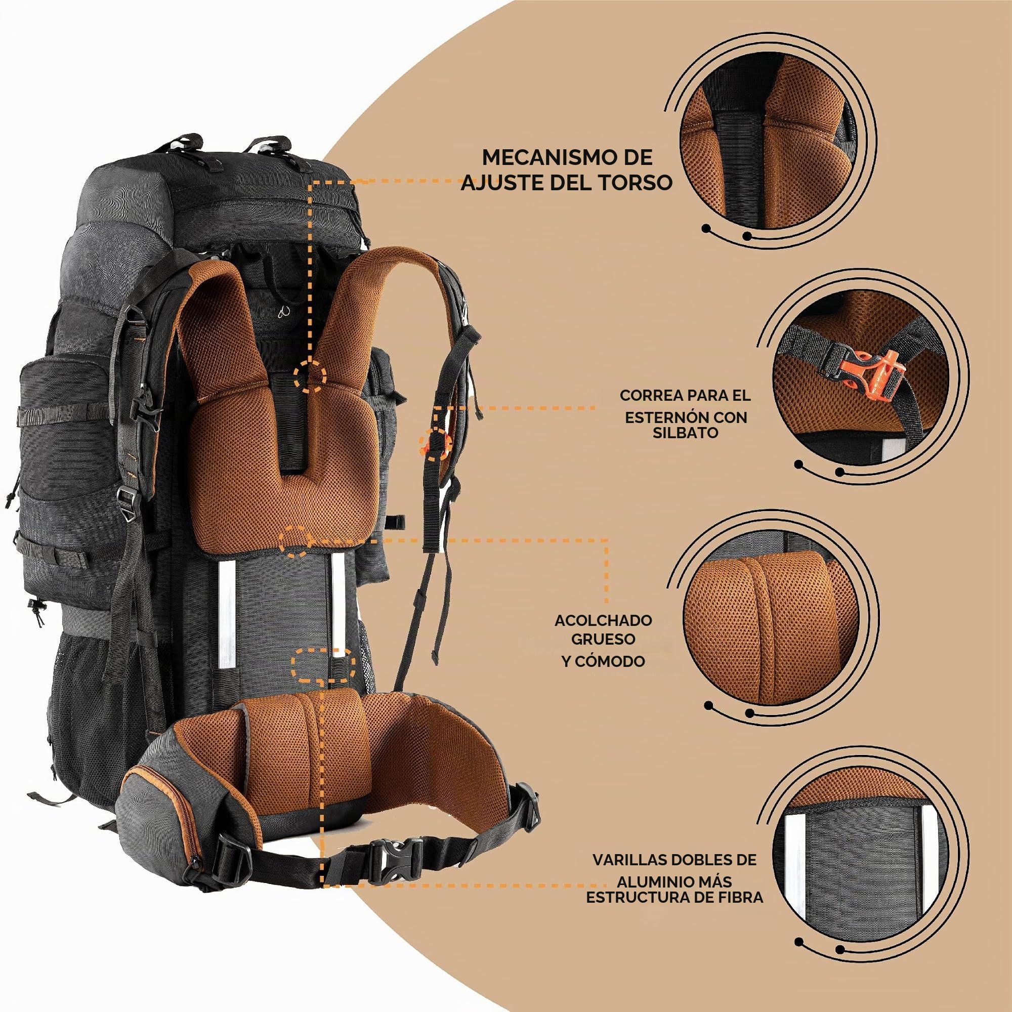 Tripole Walker Pro Mochila 60 Litros de Viaje y Senderismo para Hombre y Mujer – Mochila Impermeable con Marco Interno y Compartimento Portátil 17", Funda de Lluvia, Negro