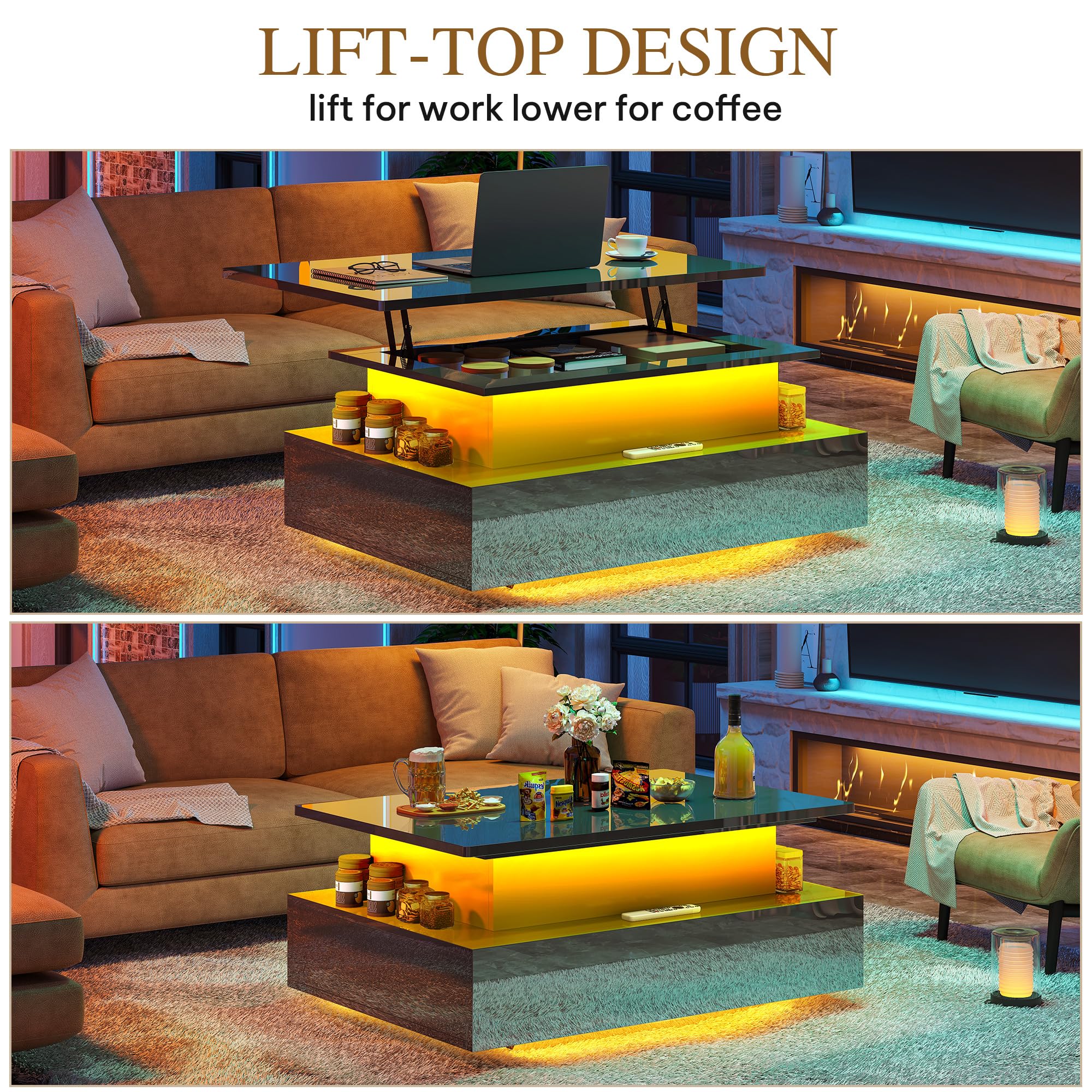 YITAHOME Couchtisch Höhenverstellbar, Wohnzimmertisch Hochglanz mit Hebeplatte,Couch Tisch Wohnzimmer mit 16-Farbiger LED Modern and 2 Schubladen