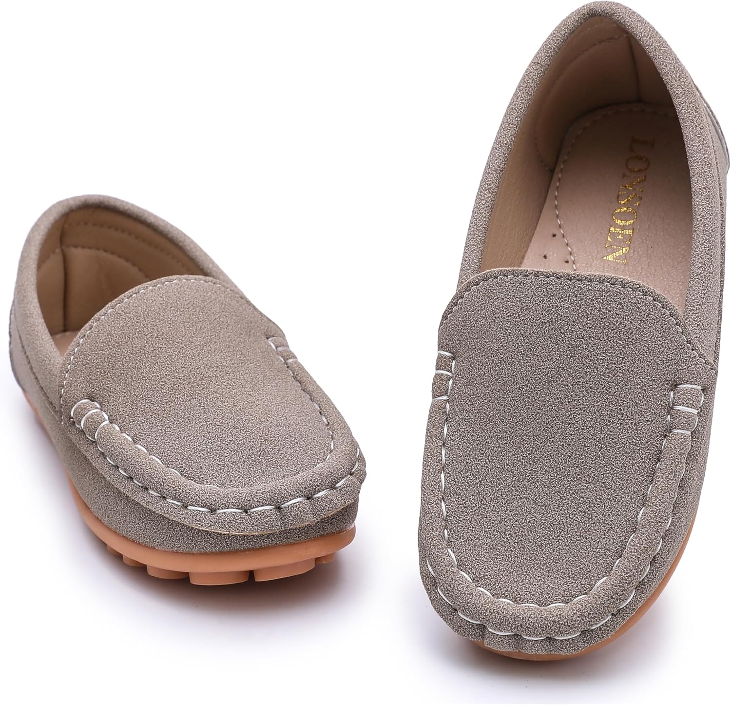 LONSOEN Kids Slip-On Loafers, Synthetic Suede Moccasin Driving Shoes, Non-Slip Rubber Outsole Lightweight Casual/Dress Boat Shoes for Boys & Girls