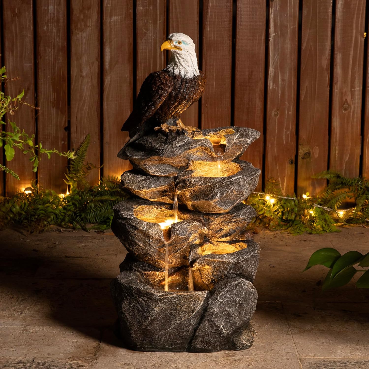 Glitzhome Outdoor Water Fountain with Lights, 4-Tiered Eagel Outdoor Fountain, 25.25" H Polyresin Decorative Waterfall Feature Garden Fountain with Pump for Garden, Patio, Yard, Deck, Porch Decor