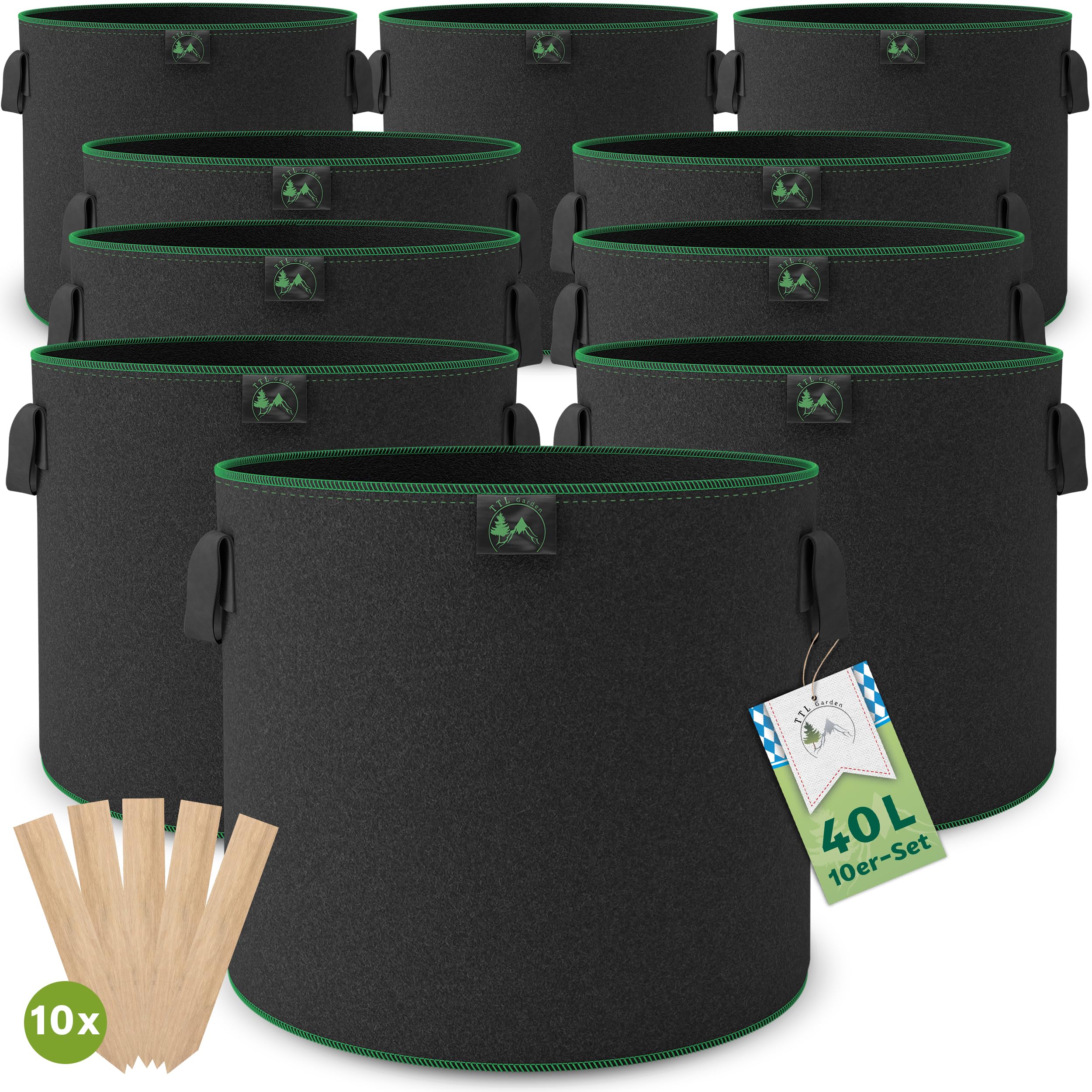 TTL GARDEN 10x 40L Bolsa para Plantas de Tela no Tejida - Juego de 10 Bolsas de 40 litros de 300 g/m² de Fieltro y Tela no Tejida - Maceta para Plantas, Bolsa de Cultivo para balcón, terraza