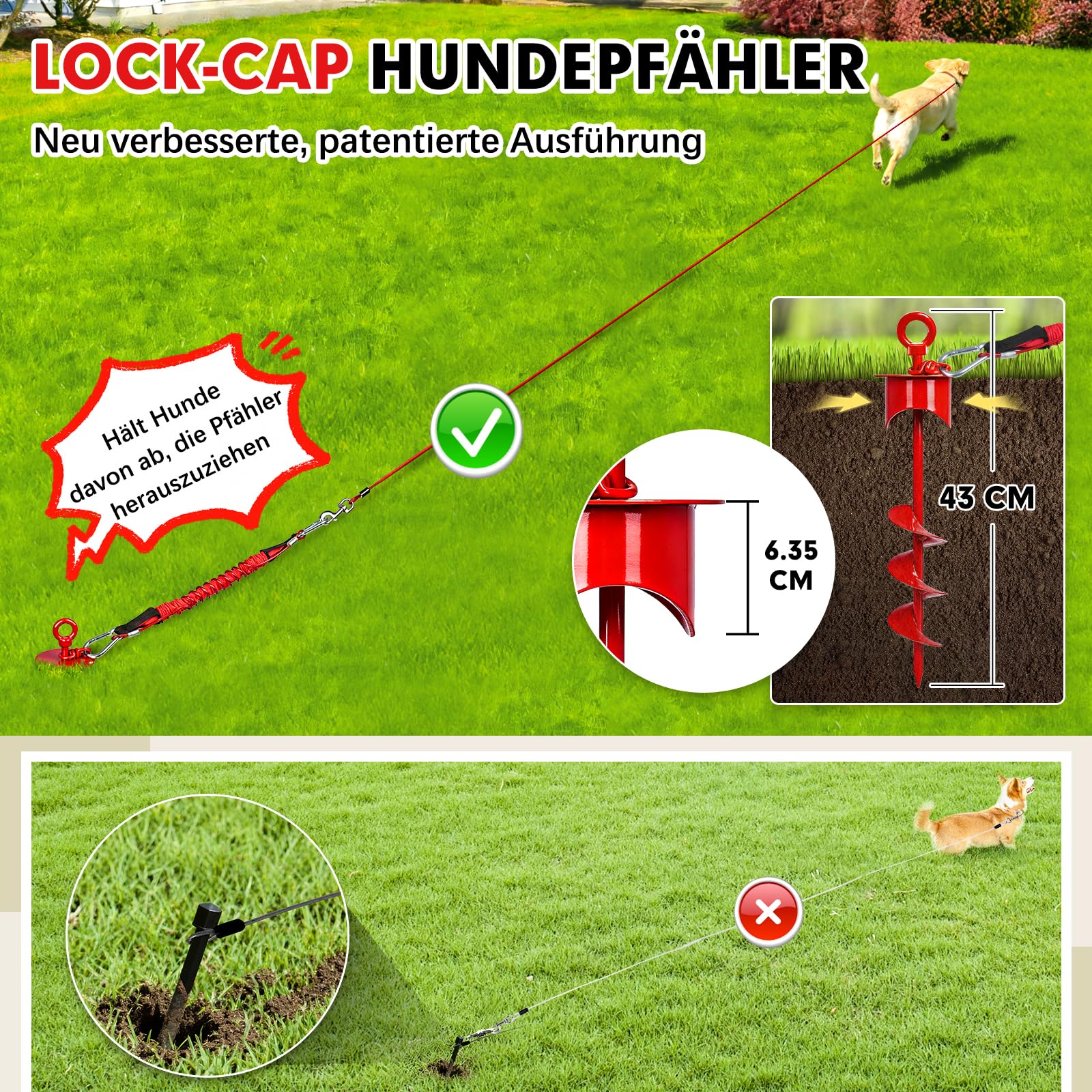 Snagle Paw Bodenanker für Hunde mit Lock-Cap, 6M Leine with Erdanker für Außen/Garten/Camping mit Stoßdämpfender Bungee-Leine, 360°drehbarer Rostfreier Bodenanker für Leinen, Ketten bis 360 lbs
