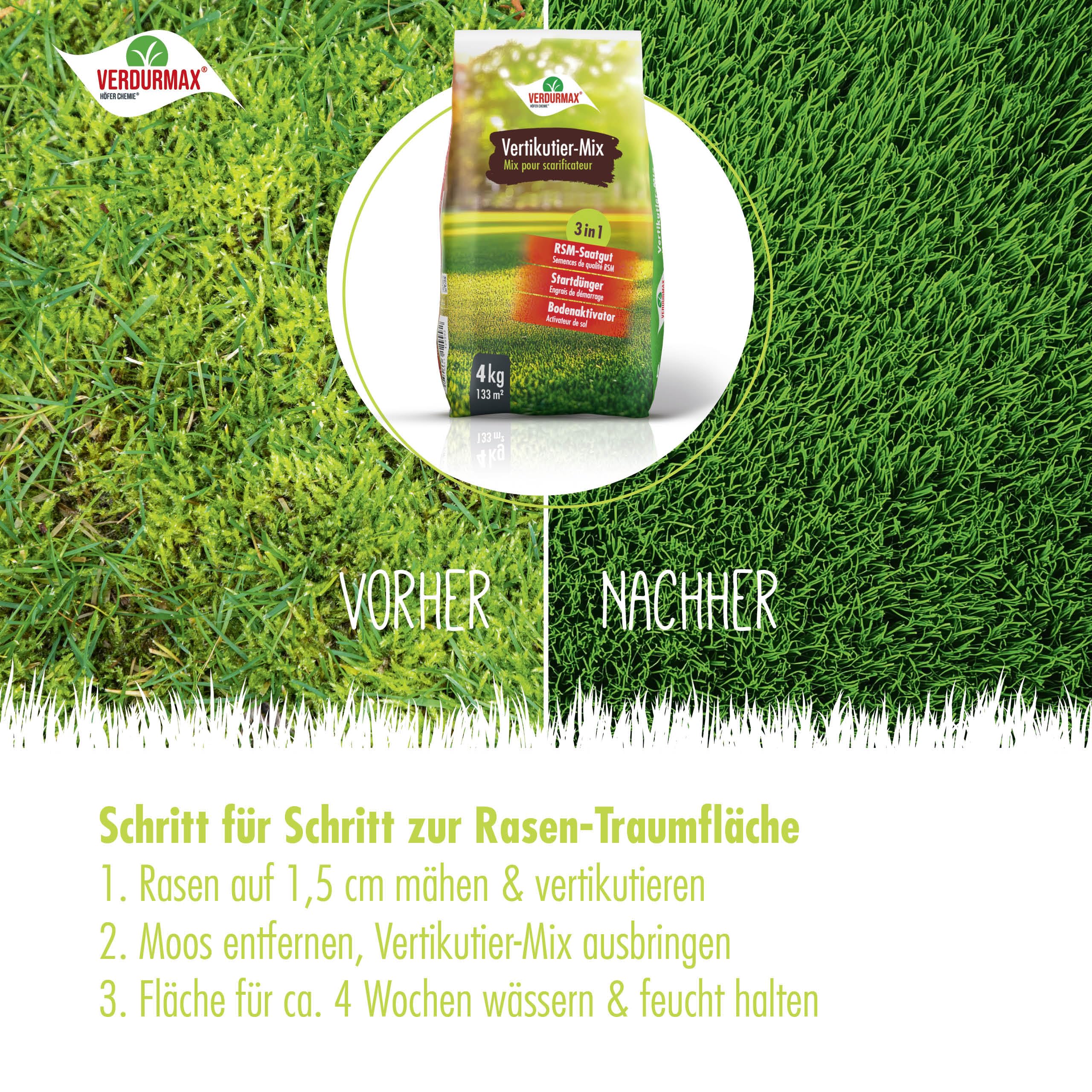 VERDURMAX 2 x 4 kg Vertikutier-Mix 3in1 | RSM Nachsaat mit Startdünger & Bodenaktivator – Rasendünger für schnelle Rasenregeneration nach dem Vertikutieren – dichter,