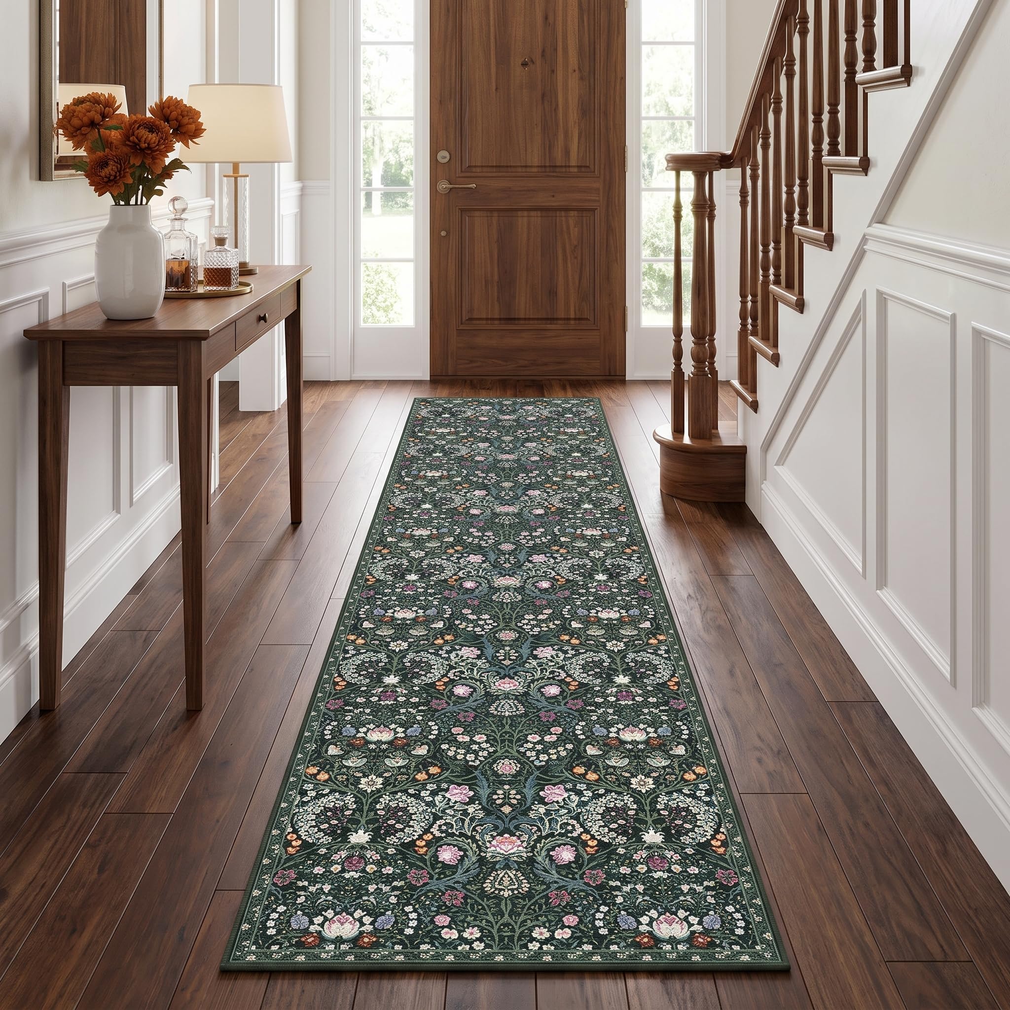 Decoranddecor Floral Washable Hallway Runner Rug 60x240cm Non-Slip