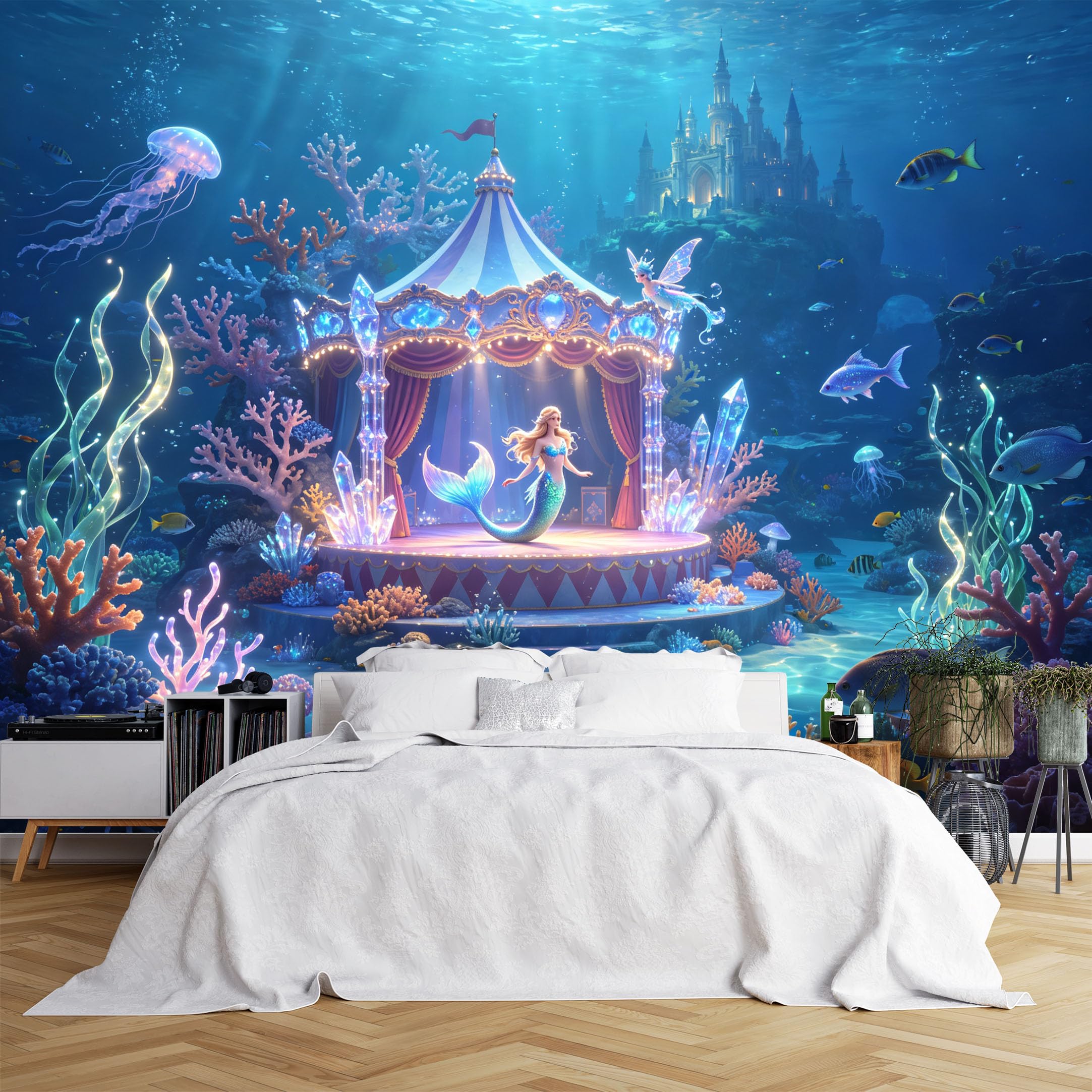 Custom Size Wall Murals Underwater Mermaid Stage with Castle Wallpaper, Vivid Self-Adhesive Removable Wallpaper for Living Room, Kids Room