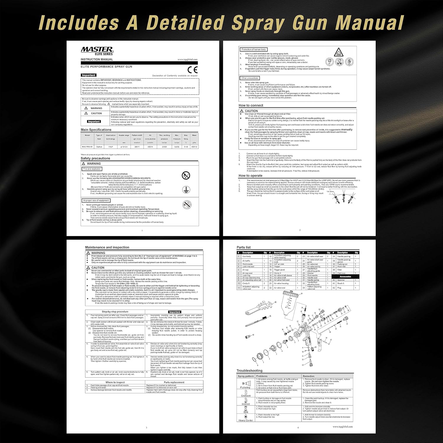 Master Elite PRO-55 HVLP Automotive Spray Paint Gun with 1.2mm Tip - Pressure Feed Spray Gun for Painting Car Basecoats, Clearcoats, Industrial Coatings & Woodworking Coatings - Superior Atomization