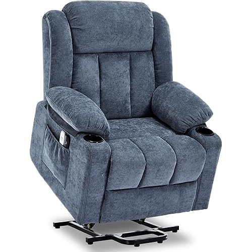 Power Lift Recliner Chair for Elderly with Massage and Heat, Recliner Chairs for Adults, Upgraded Fabric Reclining Sofa Chair with USB & Type-C Ports and Cup Holders, L1188 (Blue)