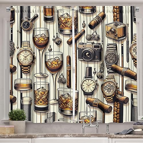 Ambesonne Man Cave - Cortinas de cocina, diseño masculino con relojes de whisky helado, cámara de fotos retro de cigarros, juego de 2 paneles para