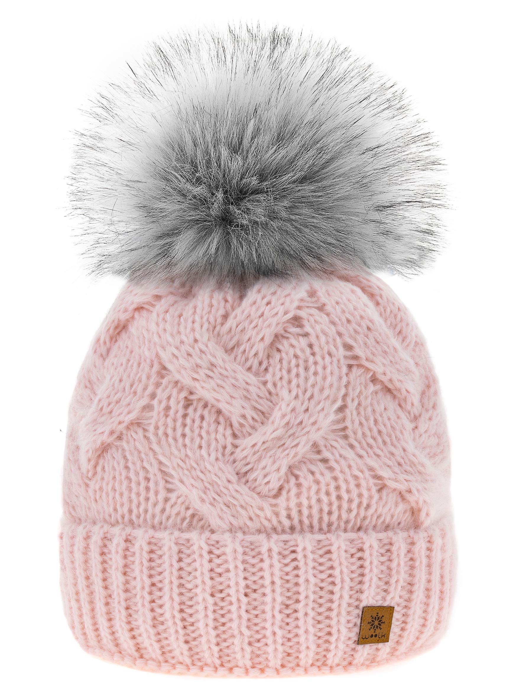 Mfaz Morefaz Ltd Women's Kama Powder Pink Winter Hat Mohair Wool Beanie Hat Worm Knitted Hats Fleece Pom Pom (Kama Powder Pink)