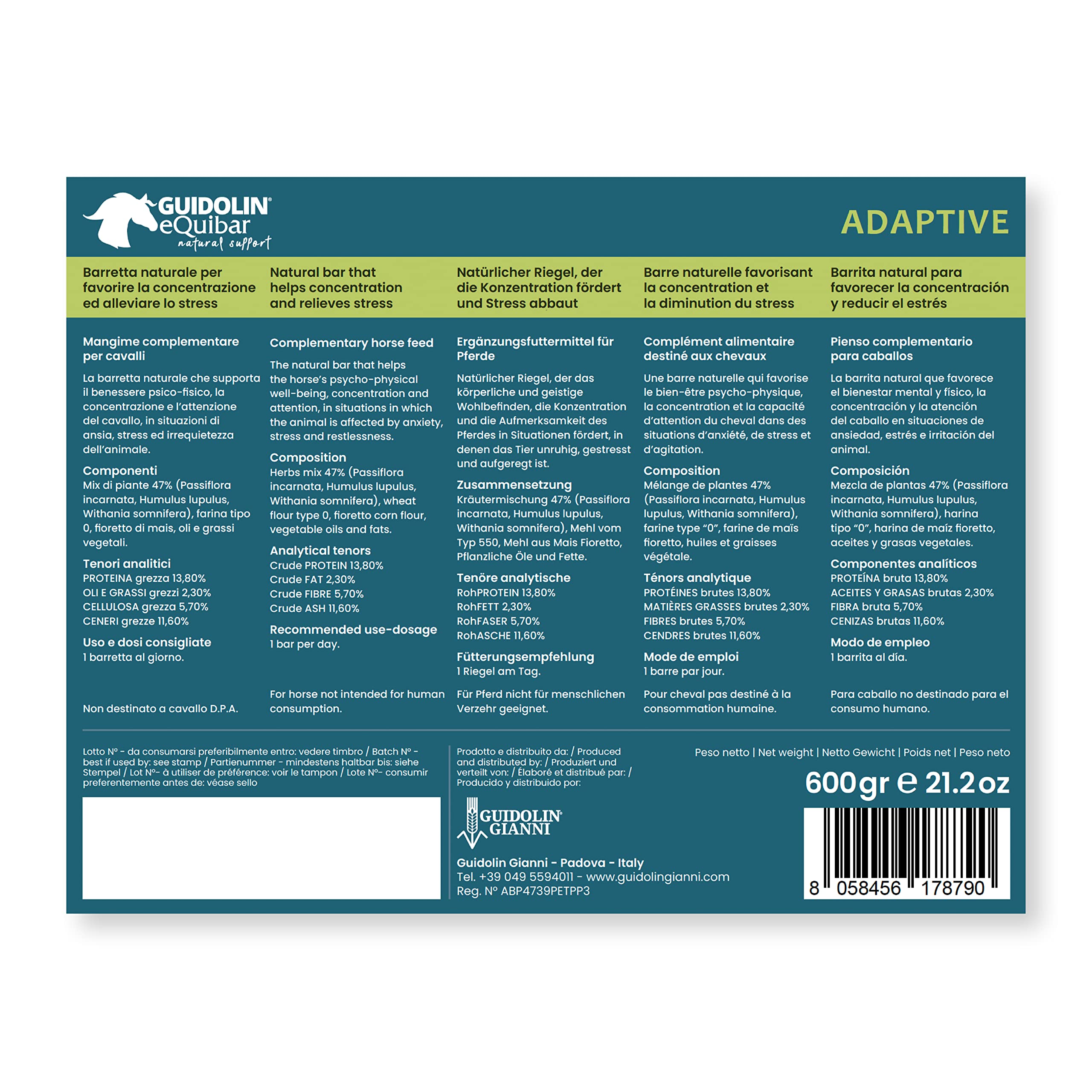 Guidolin Horses Equibar Adaptive® Barretta funzionale per il benessere psico-fisico e la concentrazione del cavallo 100% naturale doping free 600g