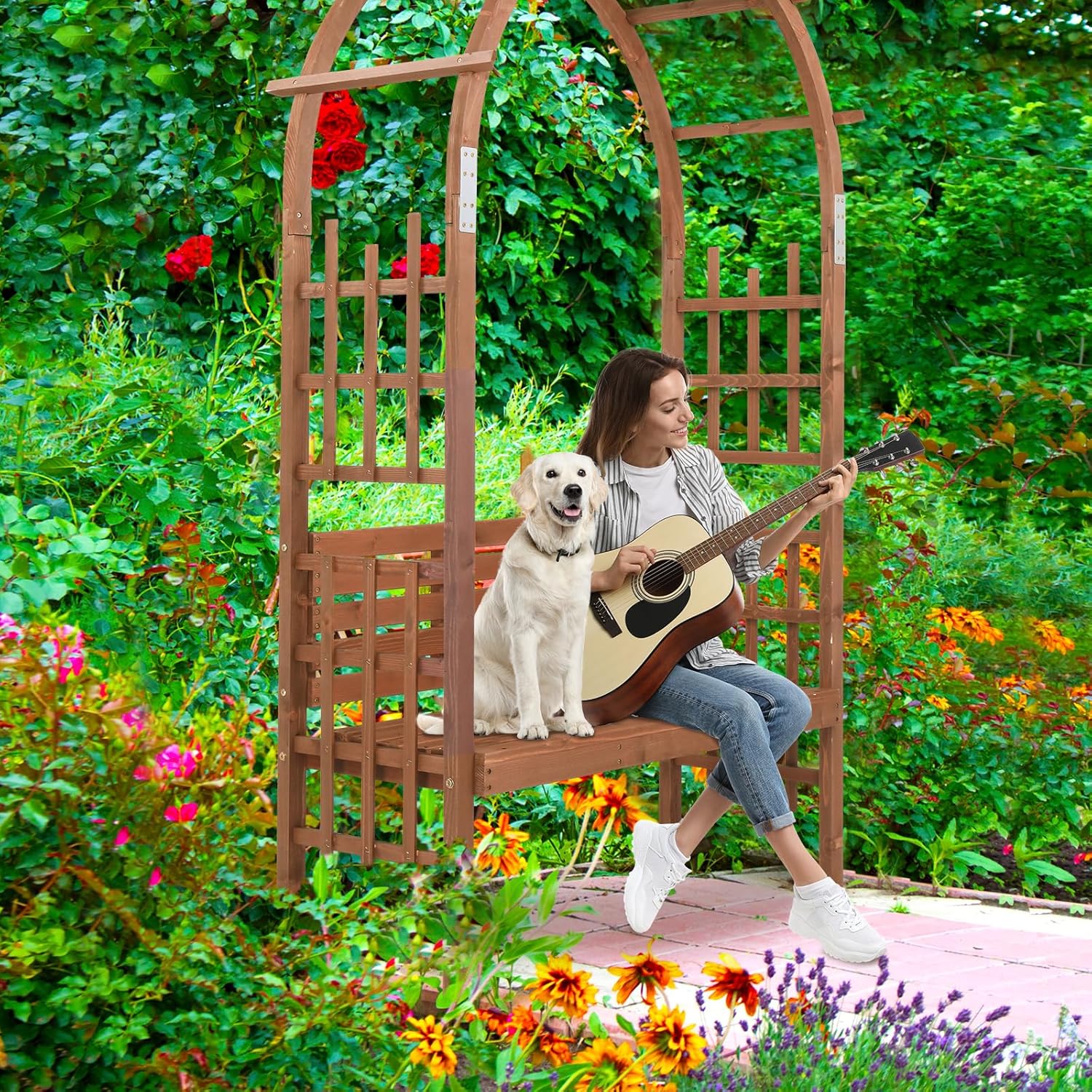 6.8FT Garden Arch with Bench, Arbor Arch for Climbing Plants with Garden Bench, Garden Arbors Trellises for Climbing Plants, Patio Trellis Pergola for Decoration, Wooden Arbor Trellis Garden