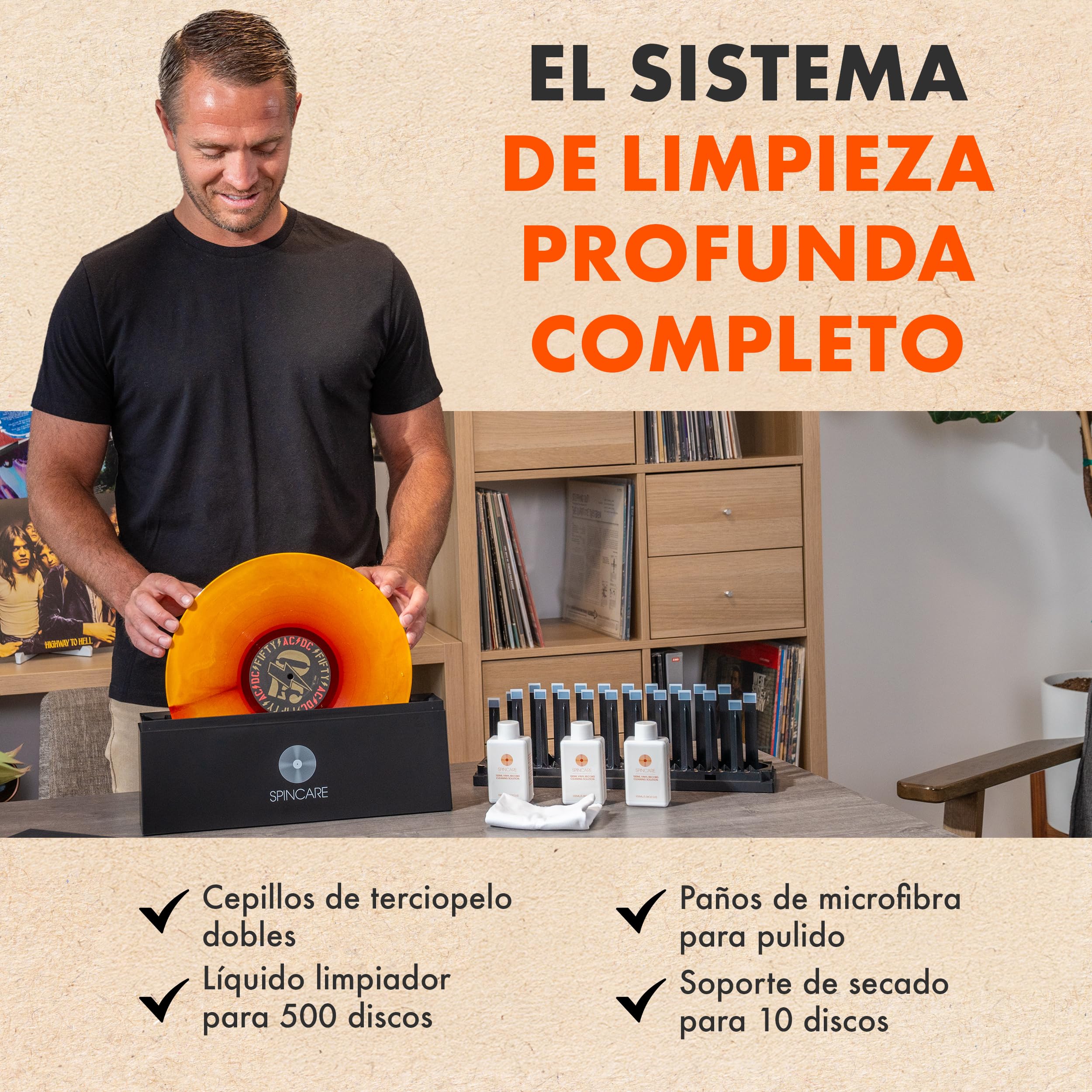 SPINCARE Sistema de Limpieza de Vinilos para Discos de Vinilo LP de 7 10 y 12 Pulgadas – Incluye Solución de Limpieza Paños de Microfibra Recipiente de Lavado y Accesorios - Limpia hasta 500 LPs