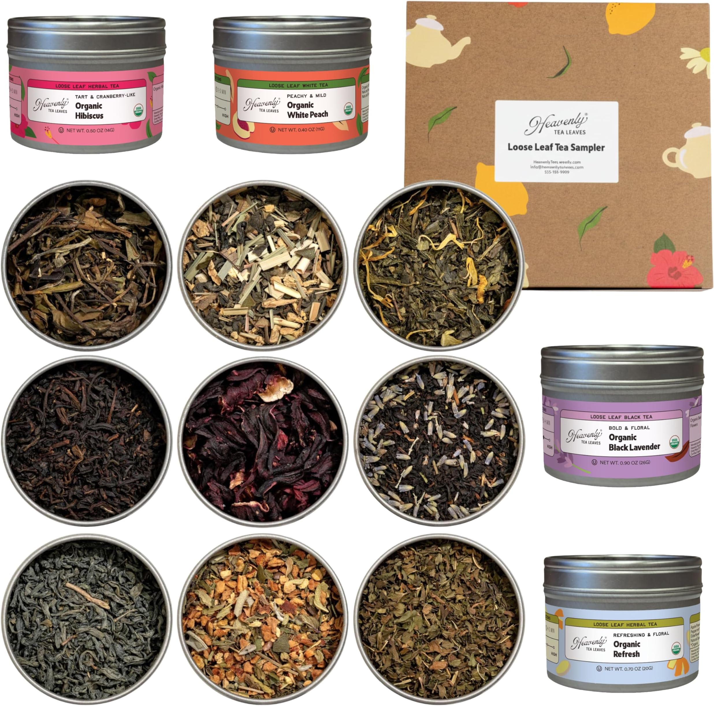 Organic Assorted 9 Loose Leaf Tea Gift Box (Approx. 90 Cups of Tea) - Sampler Set of 9 Teas & Herbal Tisanes, Great Hot or Iced, High to No Caffeine